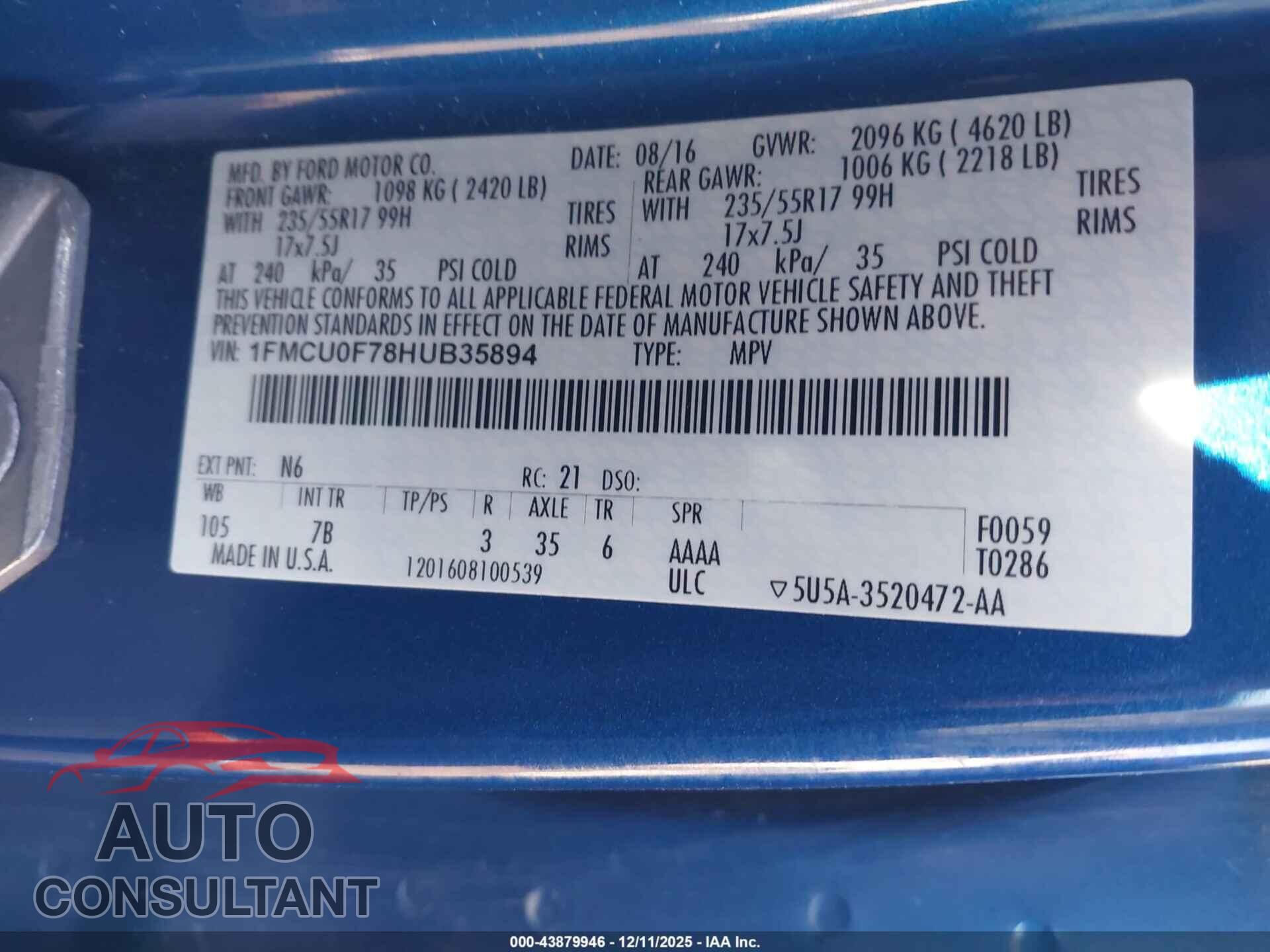 FORD ESCAPE 2017 - 1FMCU0F78HUB35894