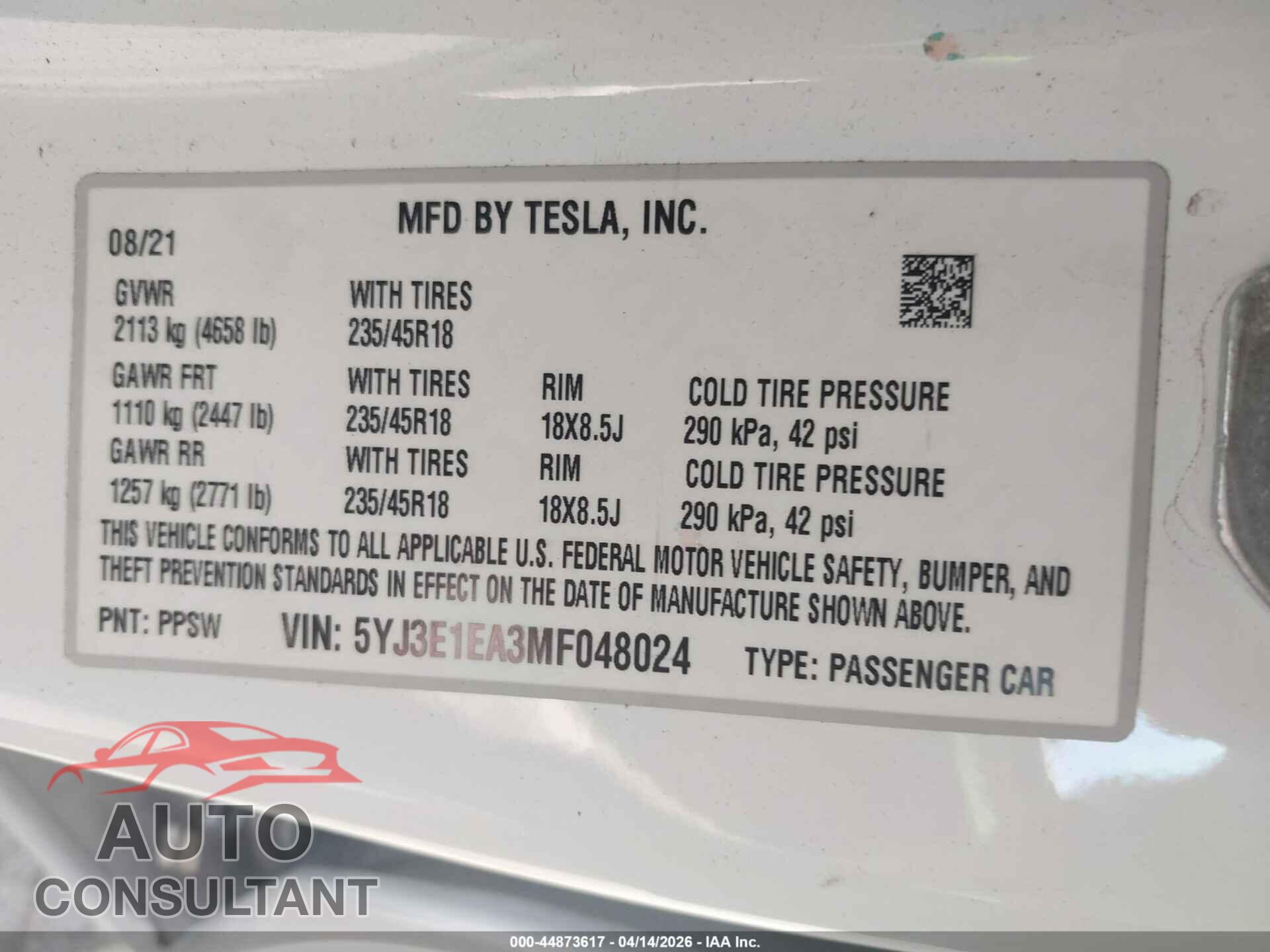TESLA MODEL 3 2021 - 5YJ3E1EA3MF048024