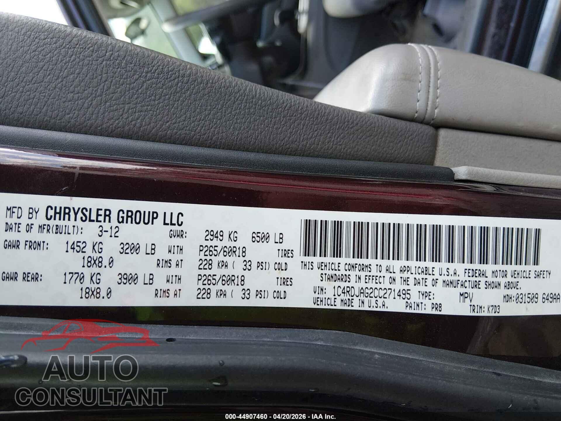DODGE DURANGO 2012 - 1C4RDJAG2CC271495
