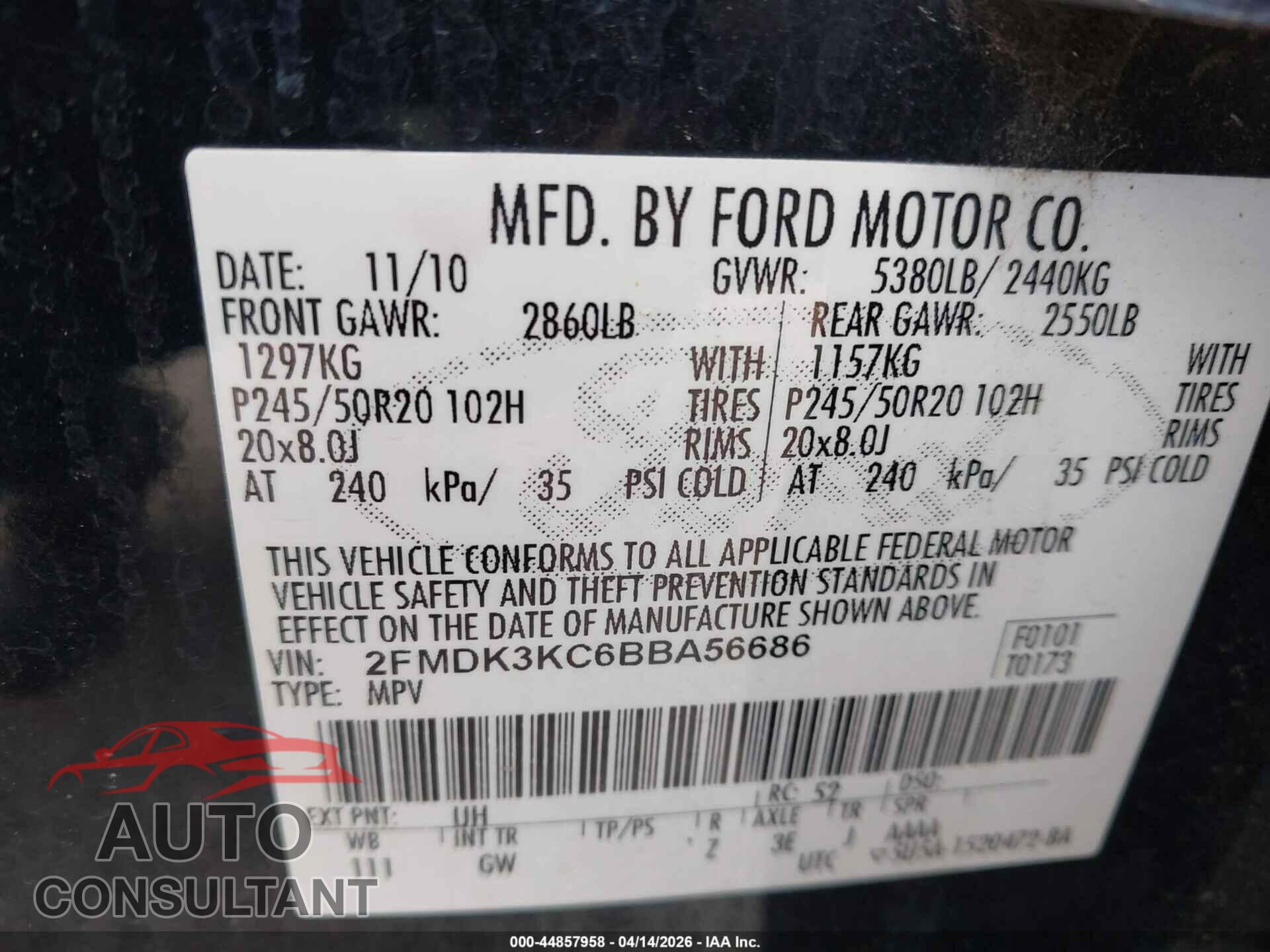 FORD EDGE 2011 - 2FMDK3KC6BBA56686