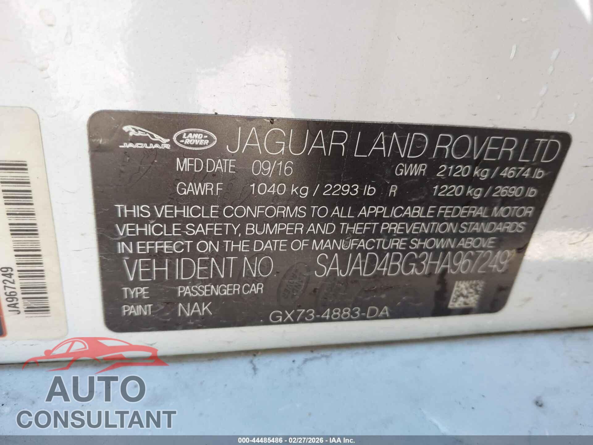JAGUAR XE 2017 - SAJAD4BG3HA967249