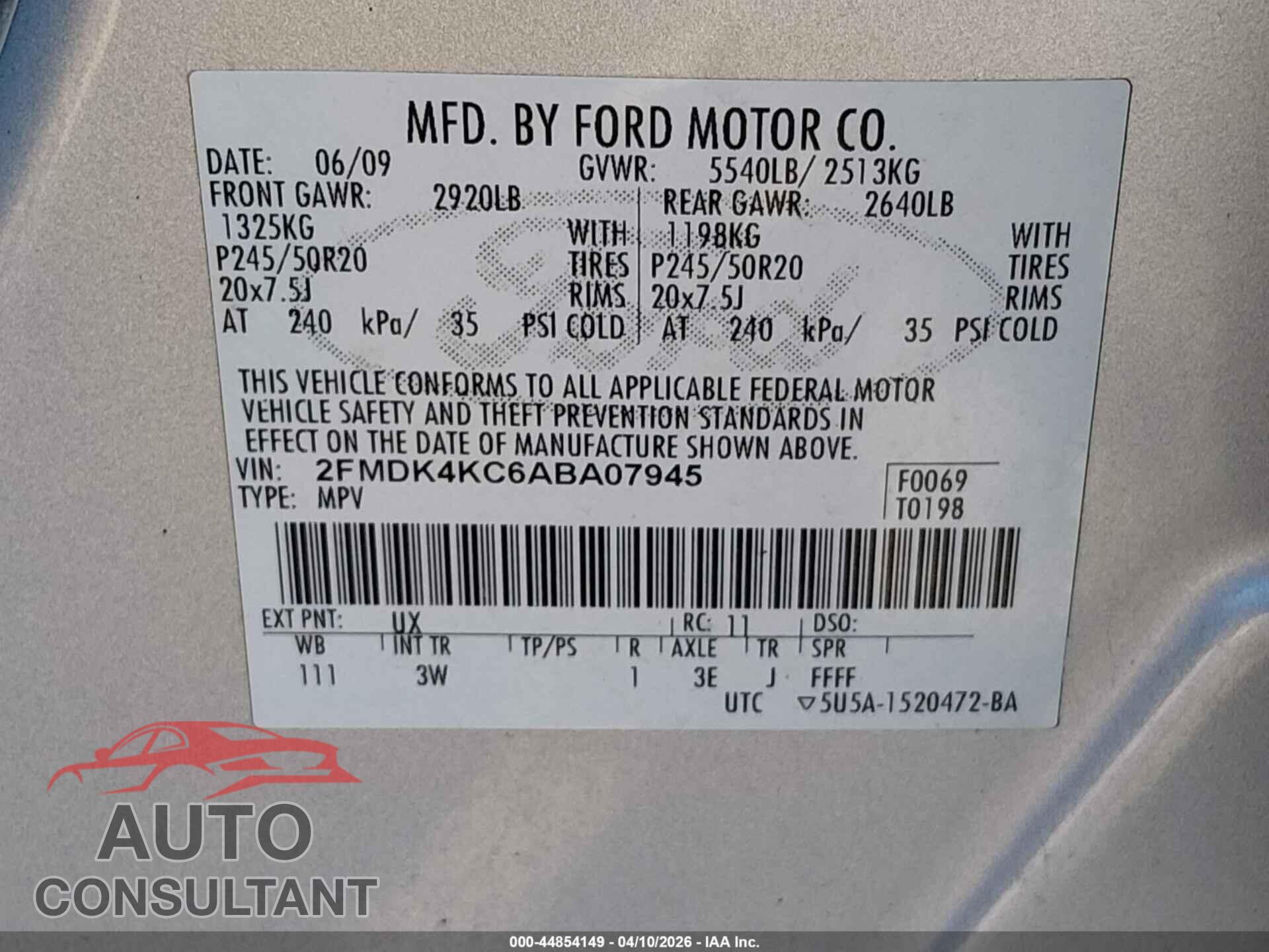 FORD EDGE 2010 - 2FMDK4KC6ABA07945