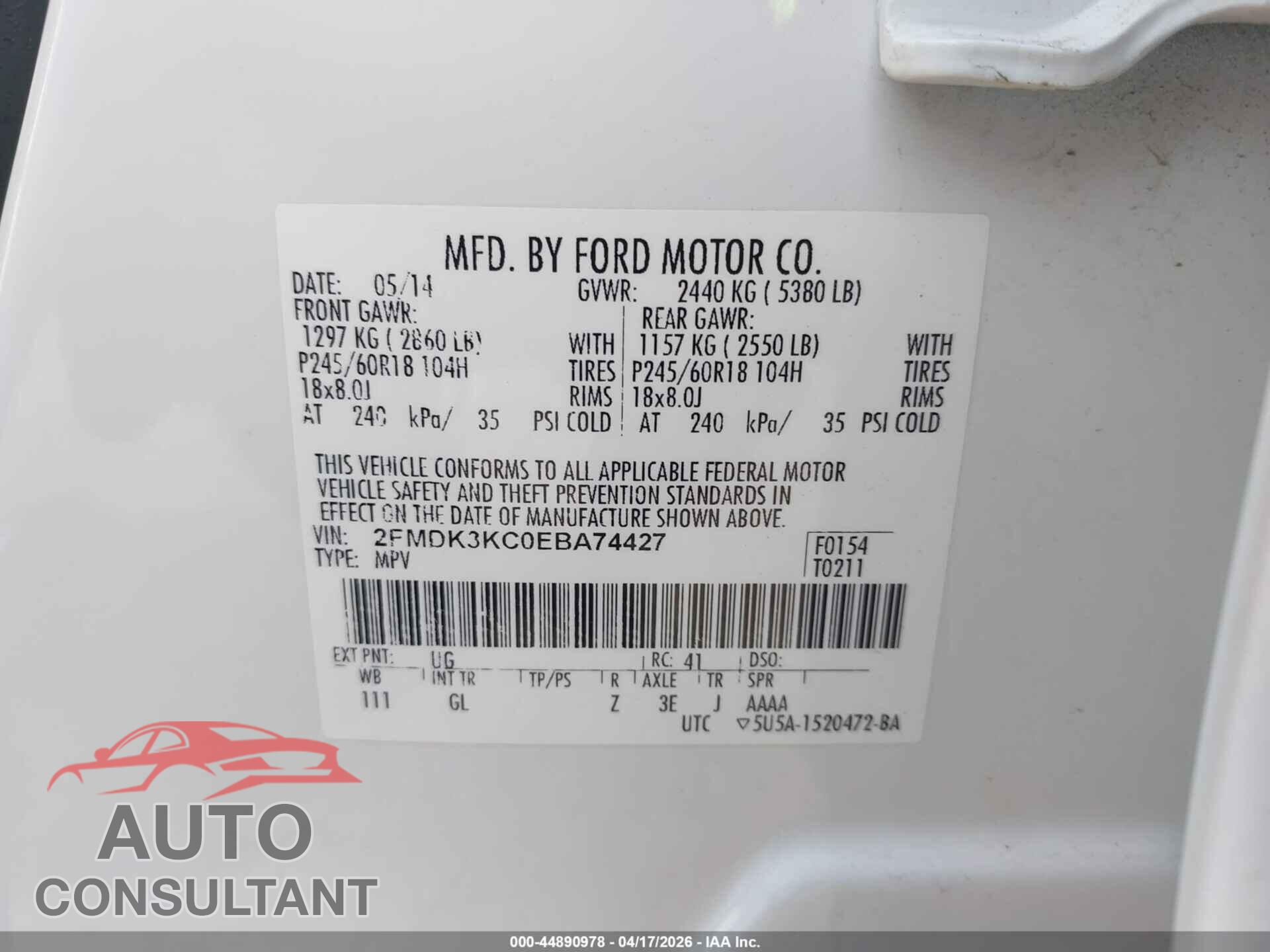 FORD EDGE 2014 - 2FMDK3KC0EBA74427