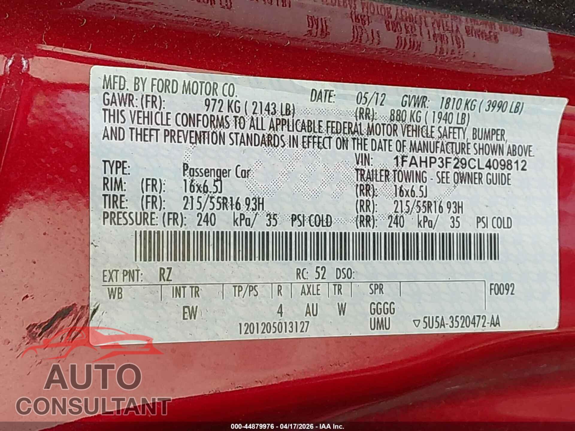 FORD FOCUS 2012 - 1FAHP3F29CL409812