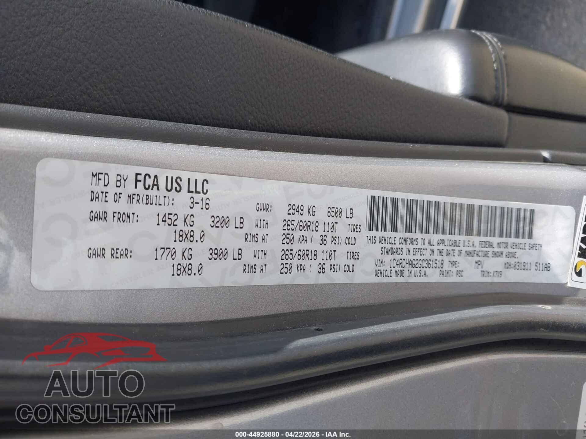 DODGE DURANGO 2016 - 1C4RDHAG2GC361518