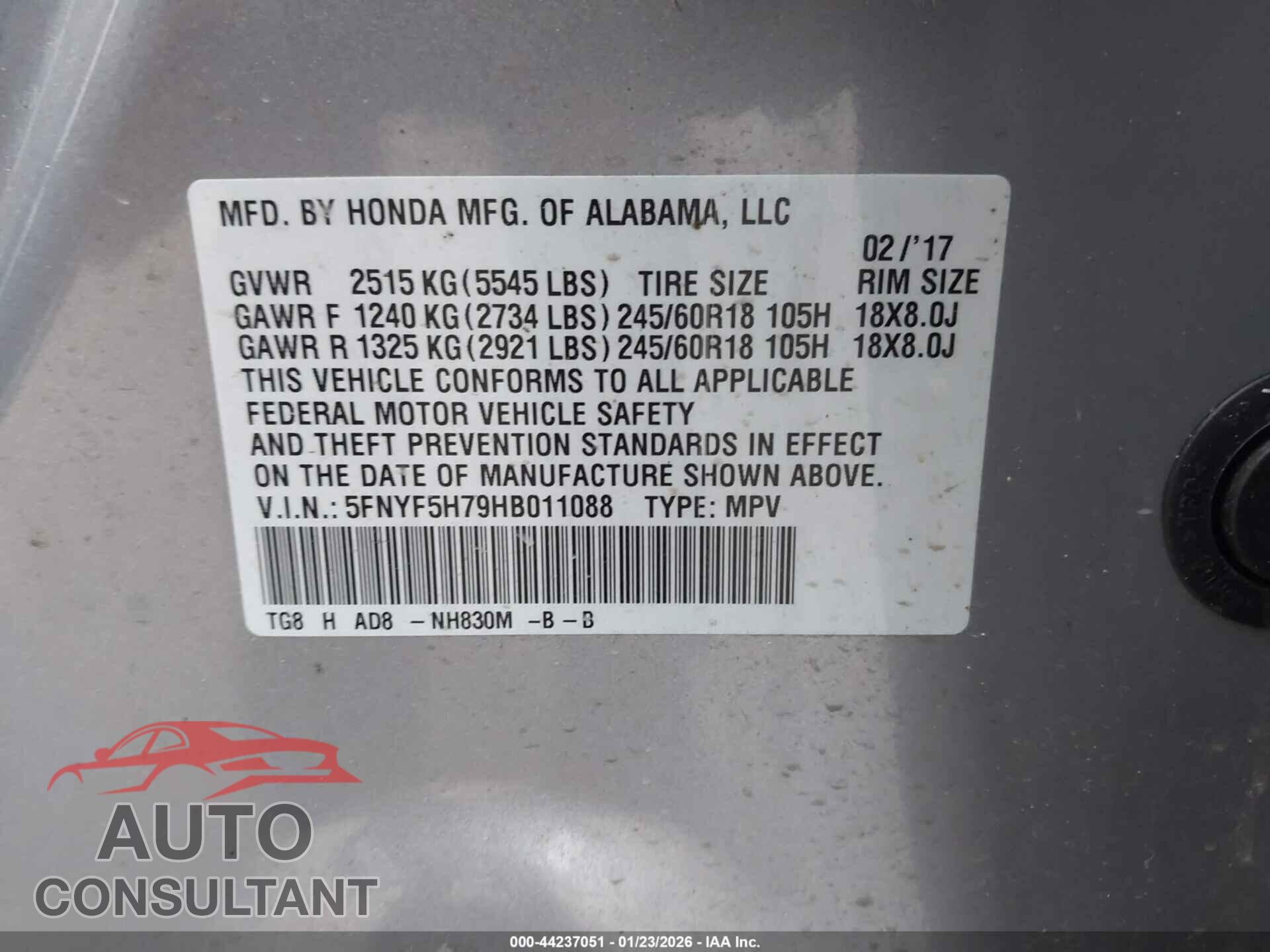 HONDA PILOT 2017 - 5FNYF5H79HB011088