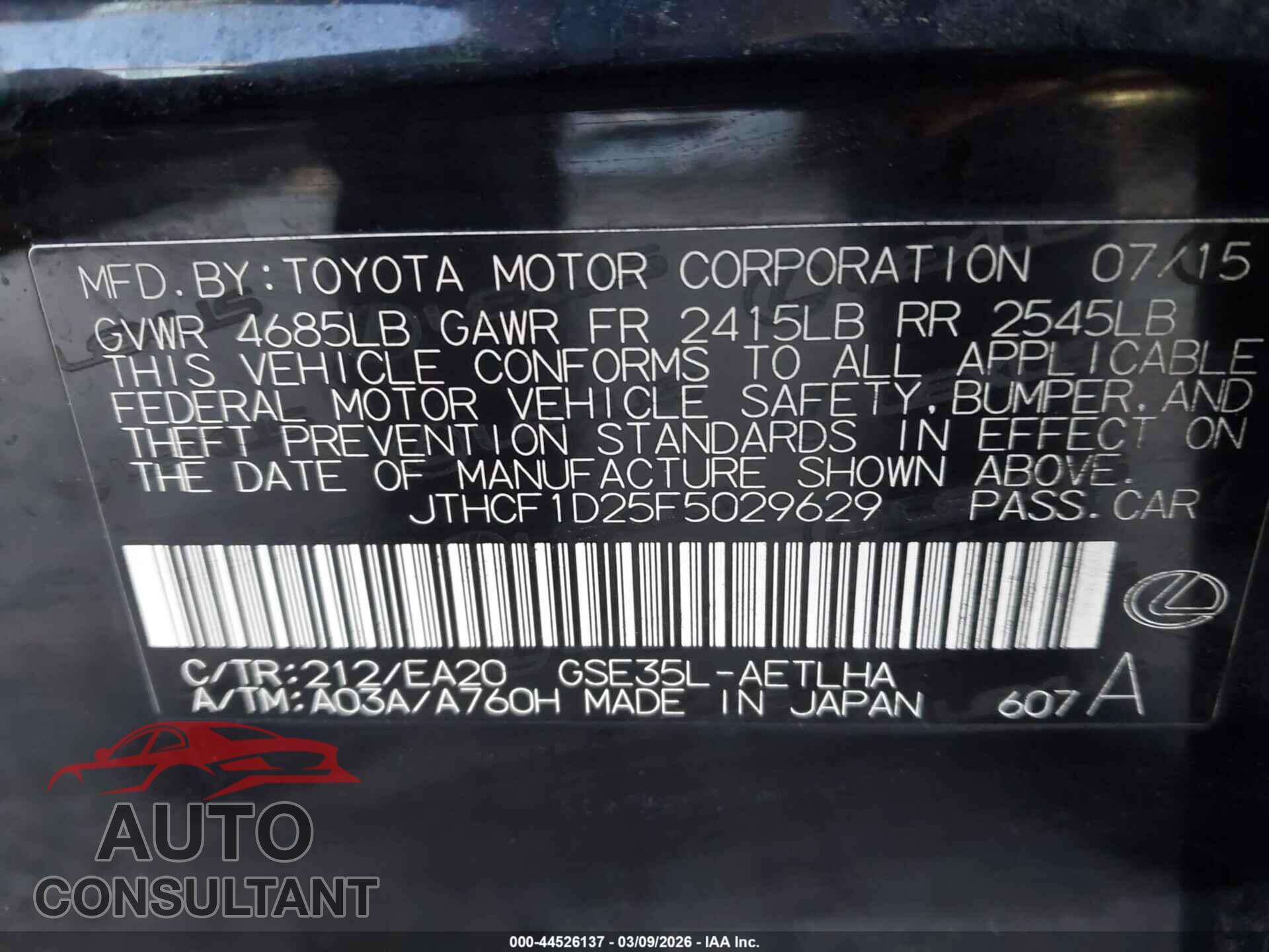 LEXUS IS 250 2015 - JTHCF1D25F5029629