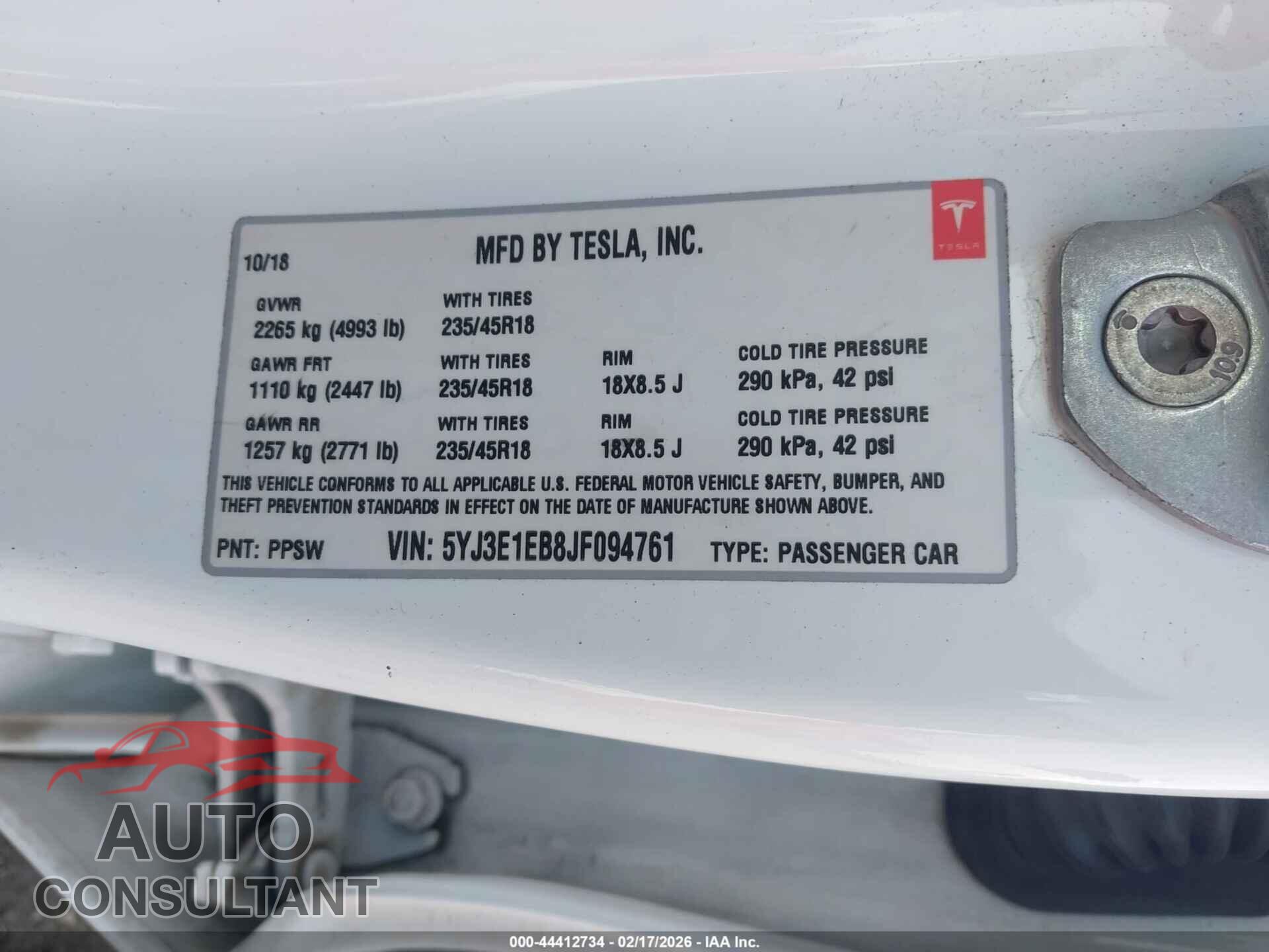 TESLA MODEL 3 2018 - 5YJ3E1EB8JF094761