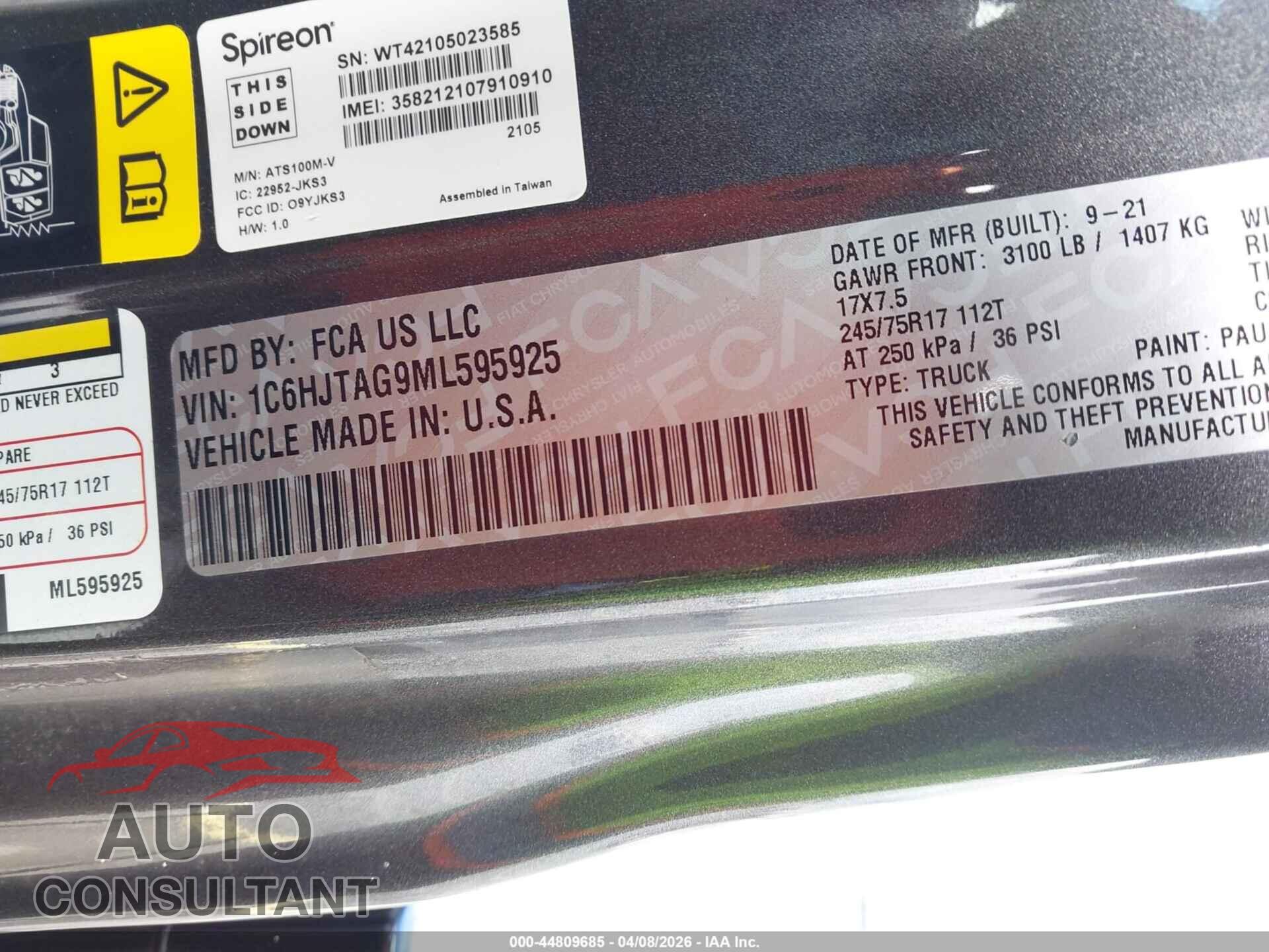 JEEP GLADIATOR 2021 - 1C6HJTAG9ML595925