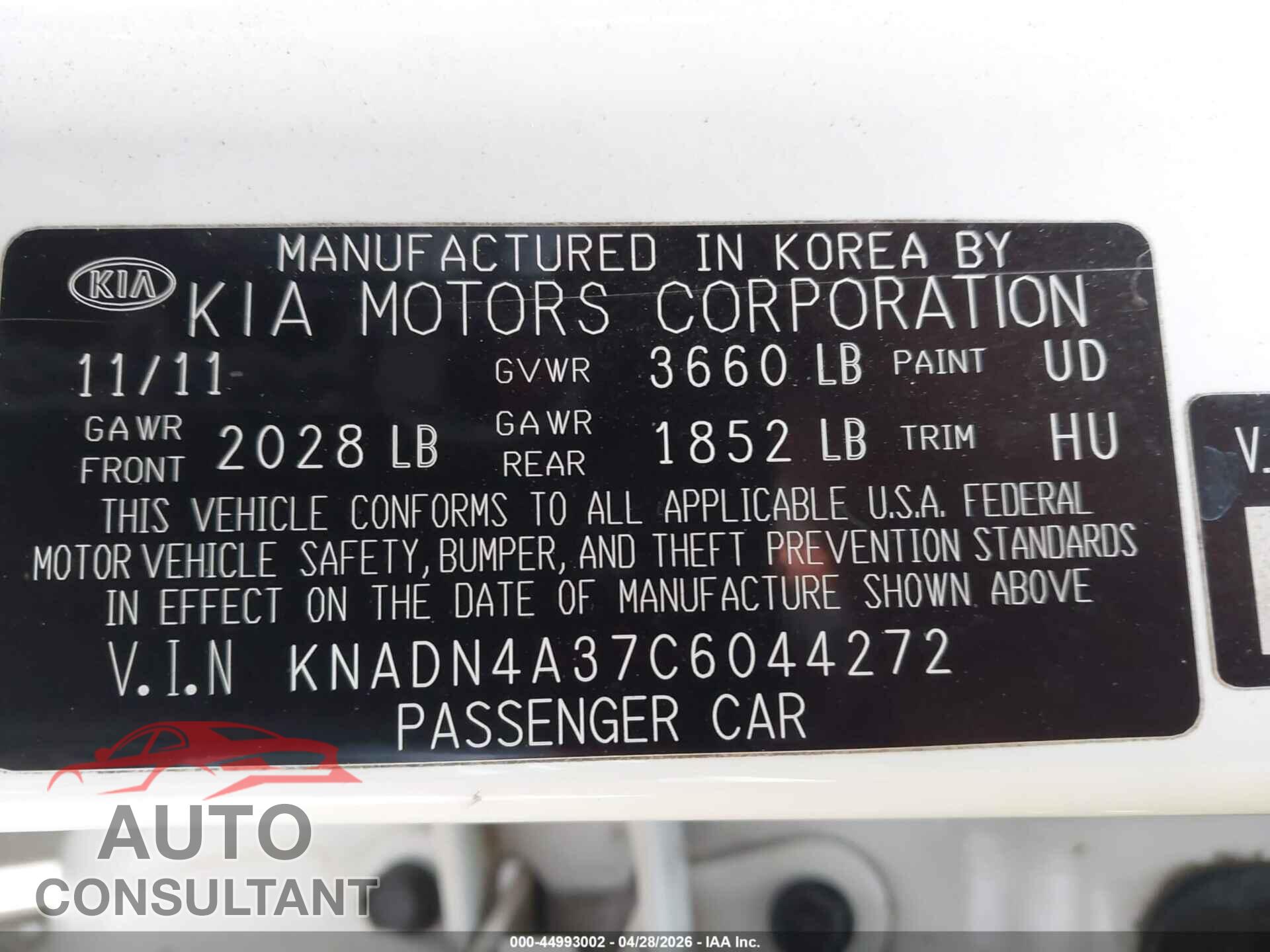 KIA RIO 2012 - KNADN4A37C6044272