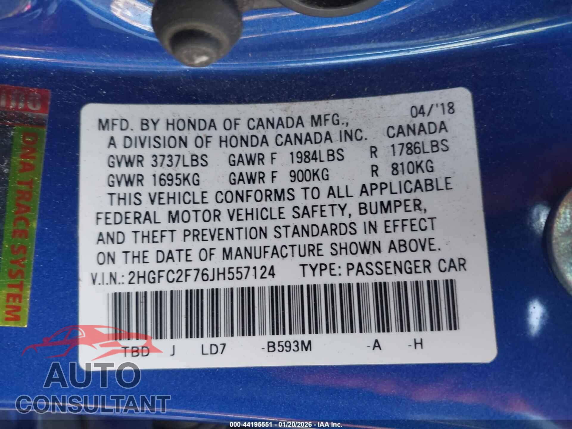 HONDA CIVIC 2018 - 2HGFC2F76JH557124