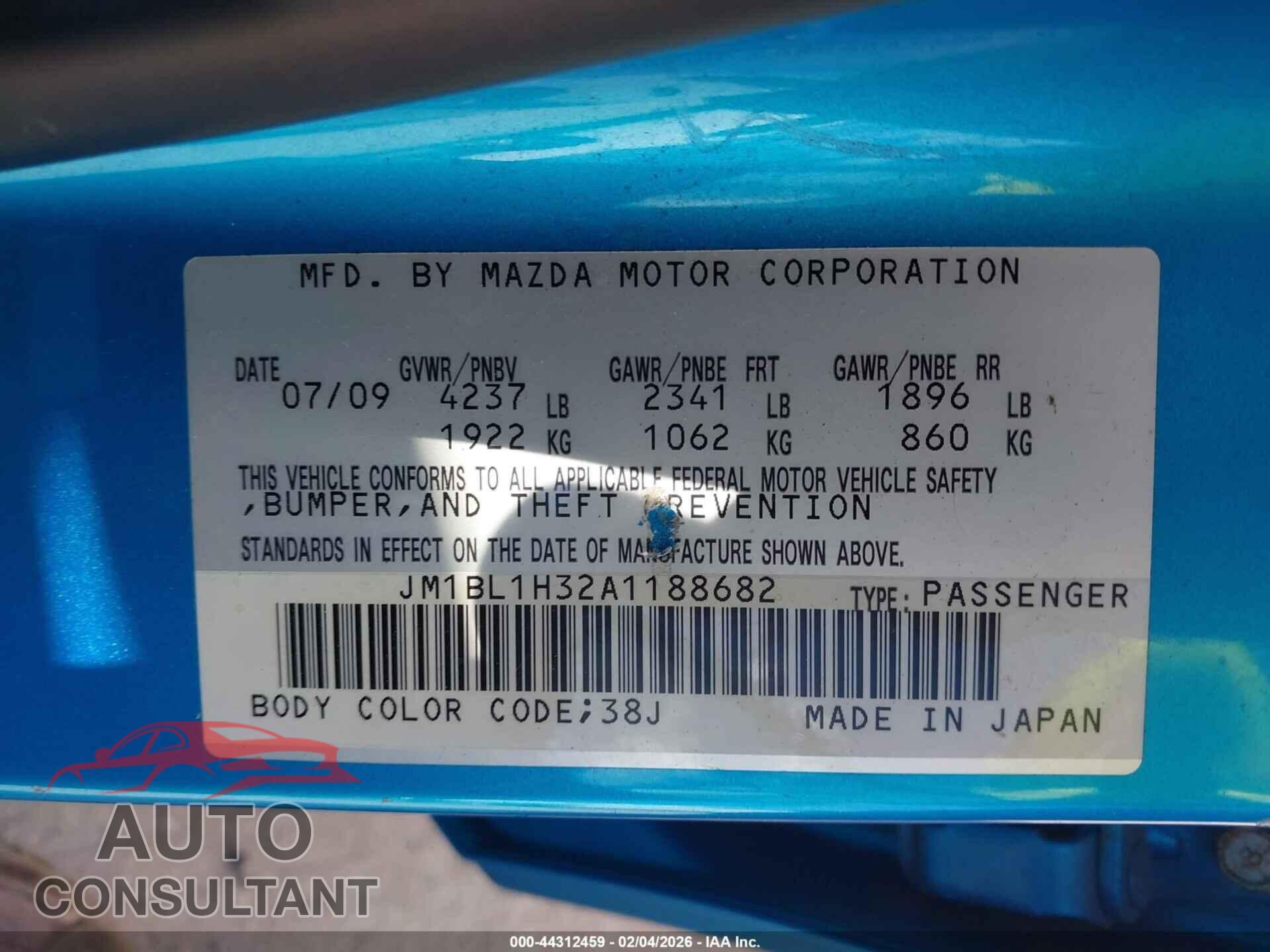 MAZDA MAZDASPEED3 2010 - JM1BL1H32A1188682