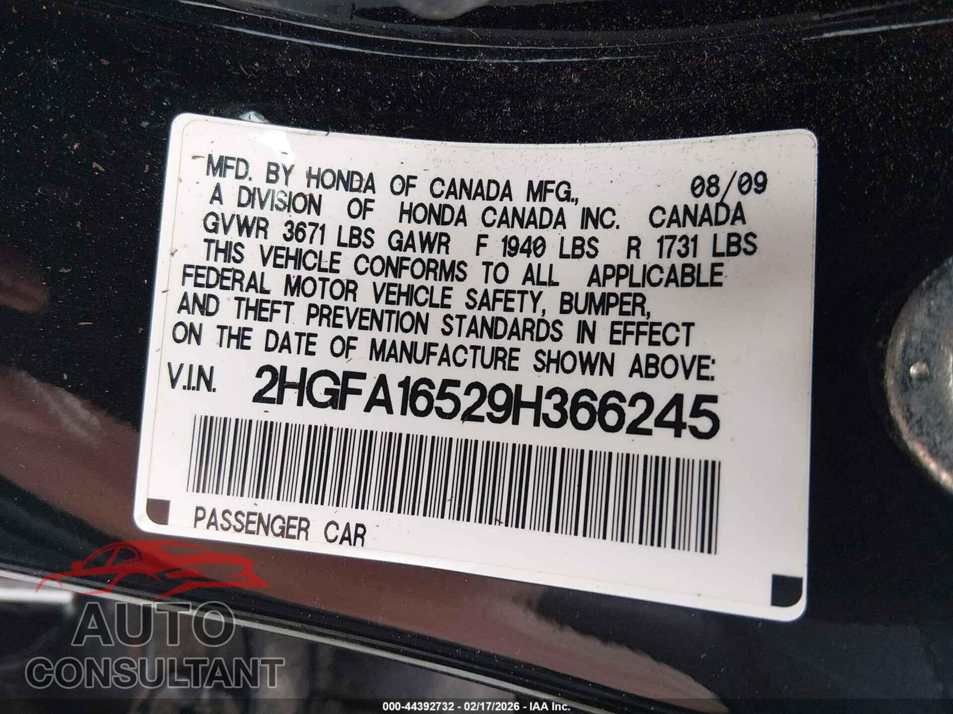 HONDA CIVIC 2009 - 2HGFA16529H366345