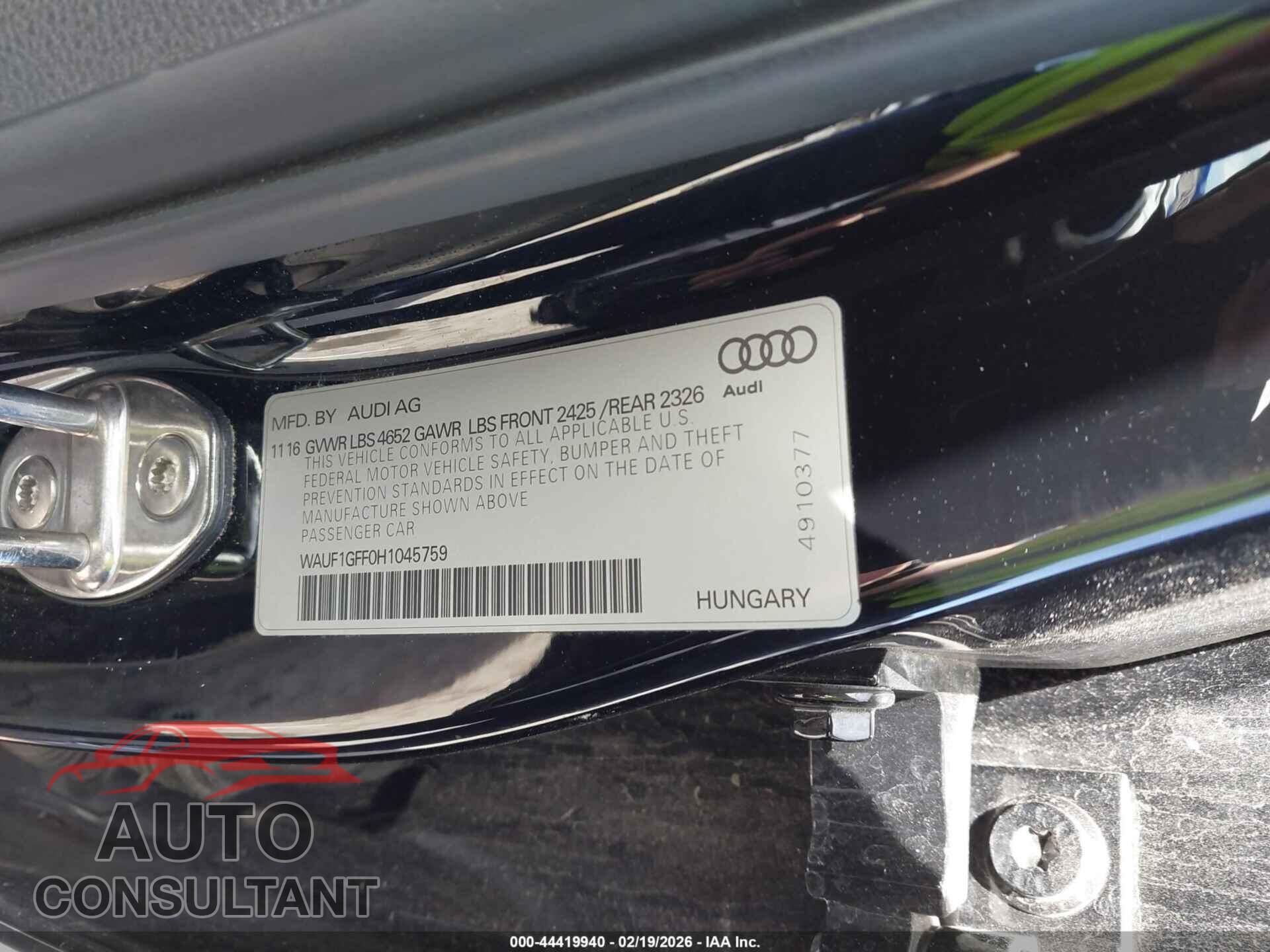 AUDI S3 2017 - WAUF1GFF0H1045759