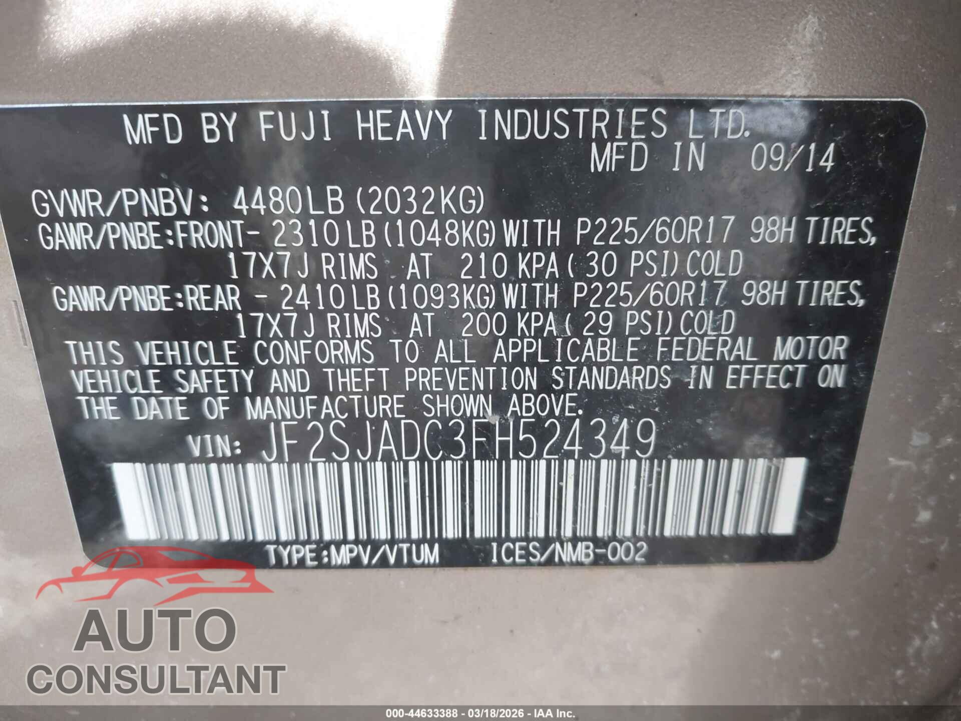 SUBARU FORESTER 2015 - JF2SJADC3FH524349