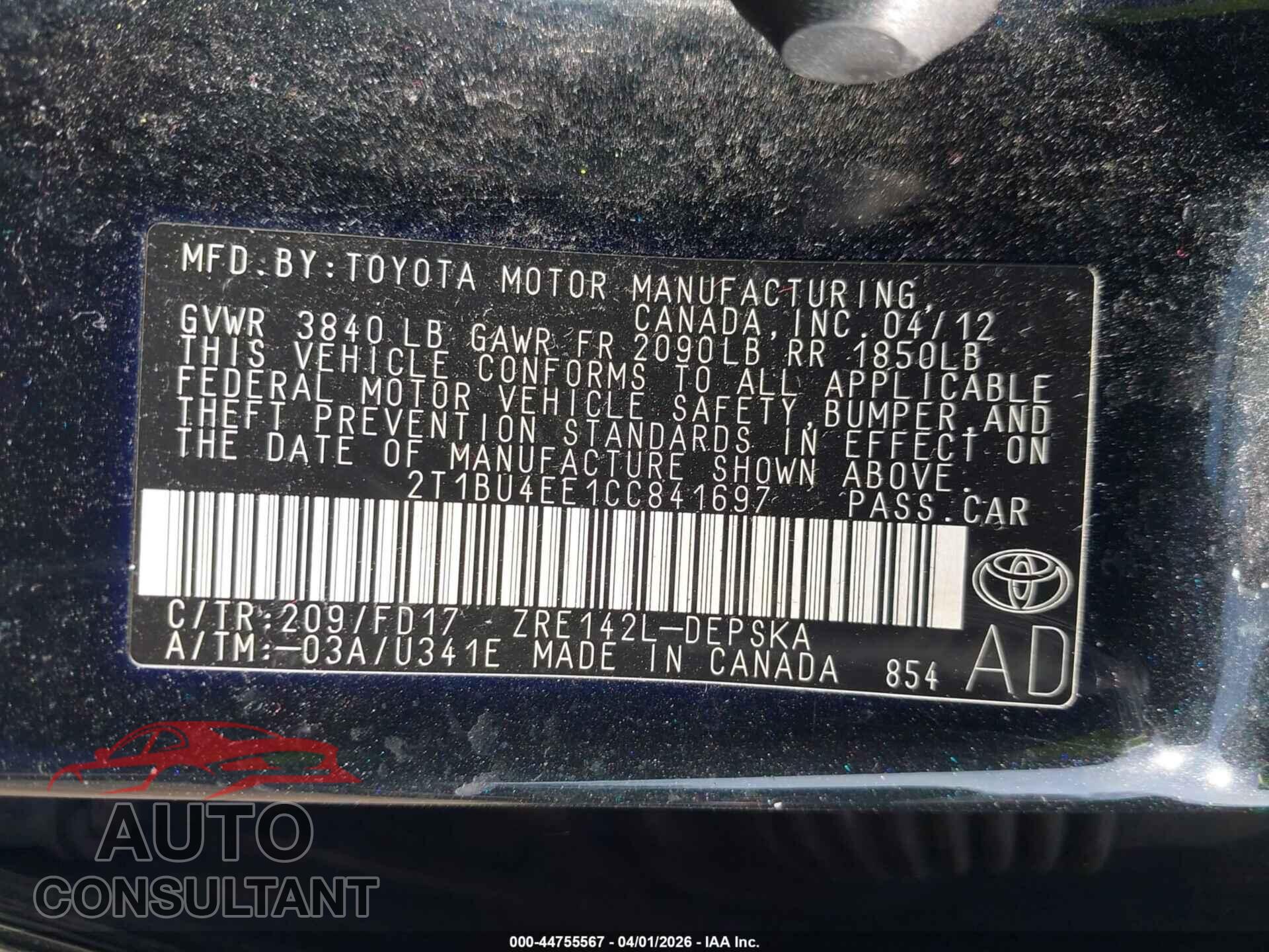 TOYOTA COROLLA 2012 - 2T1BU4EE1CC841697