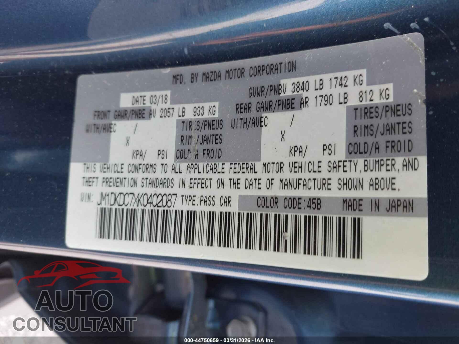 MAZDA CX-3 2019 - JM1DKDC7XK0402087