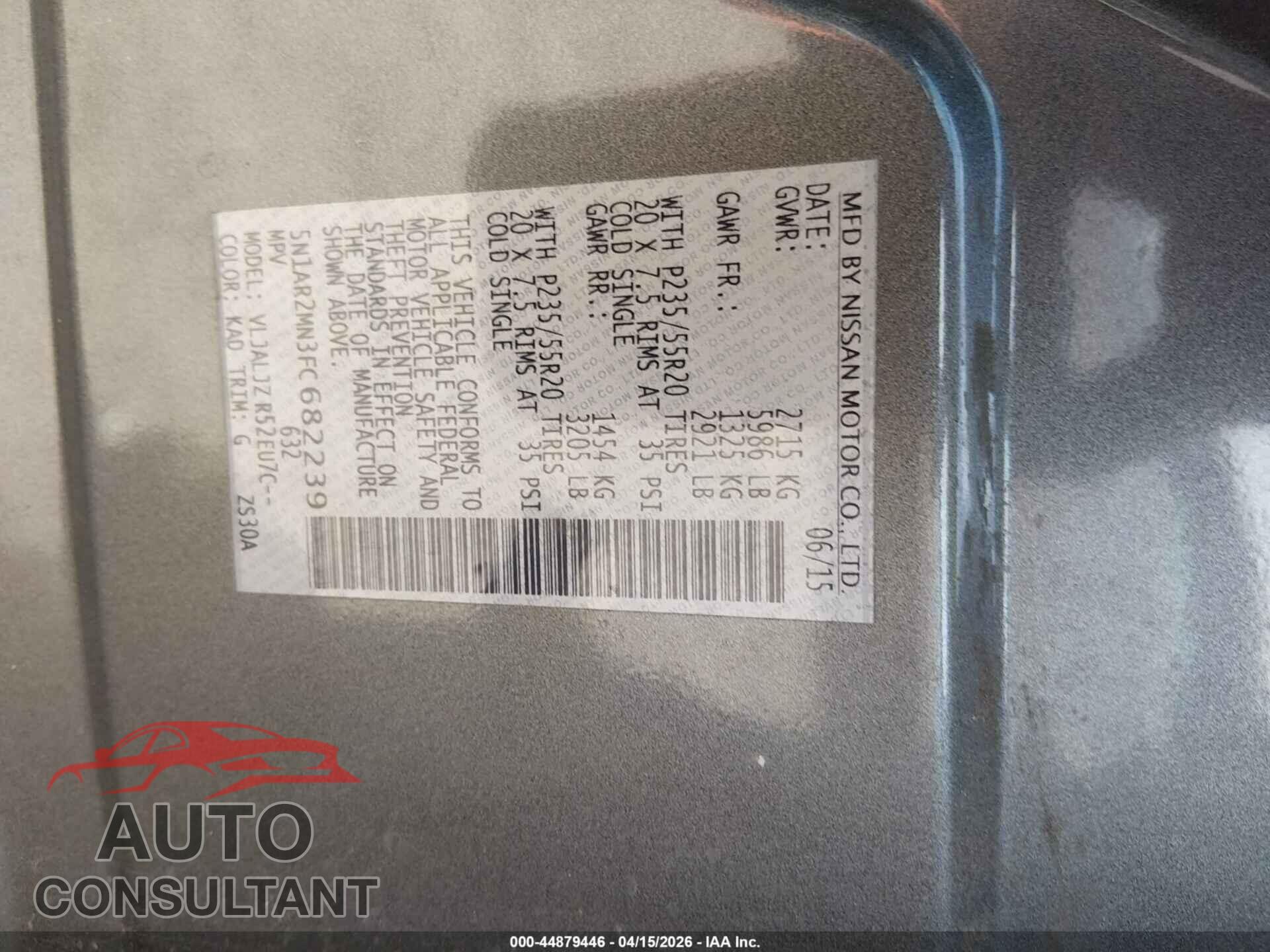 NISSAN PATHFINDER 2015 - 5N1AR2MN3FC682239