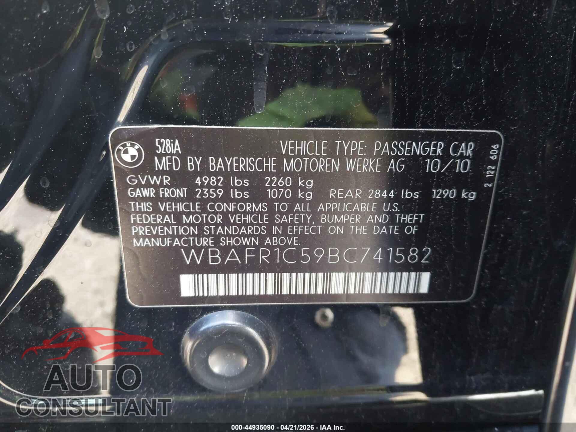 BMW 528I 2011 - WBAFR1C59BC741582