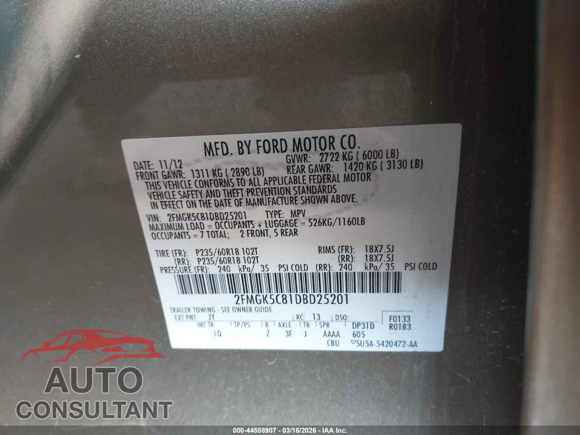 FORD FLEX 2013 - 2FMGK5C81DBD25201