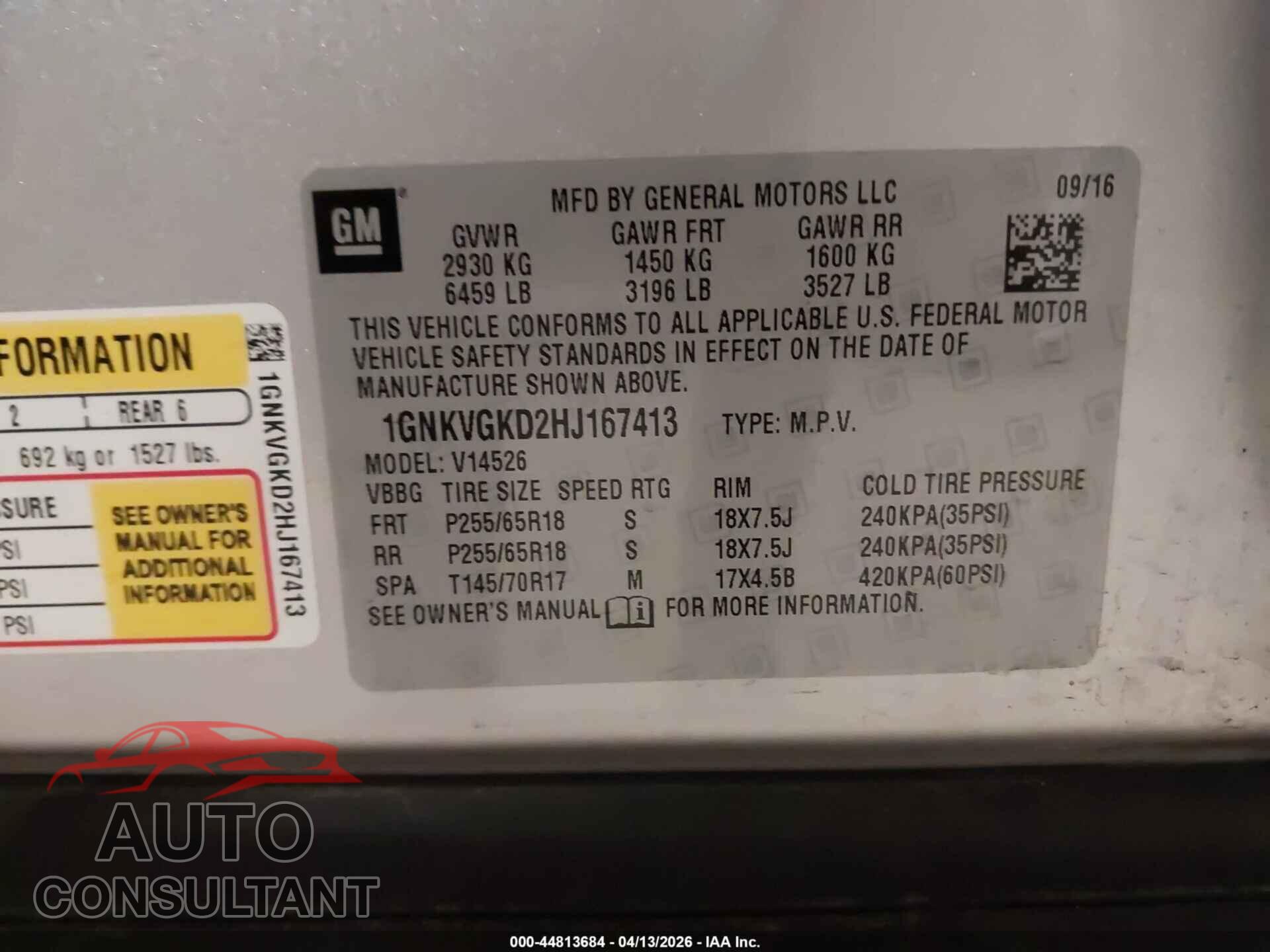 CHEVROLET TRAVERSE 2017 - 1GNKVGKD2HJ167413