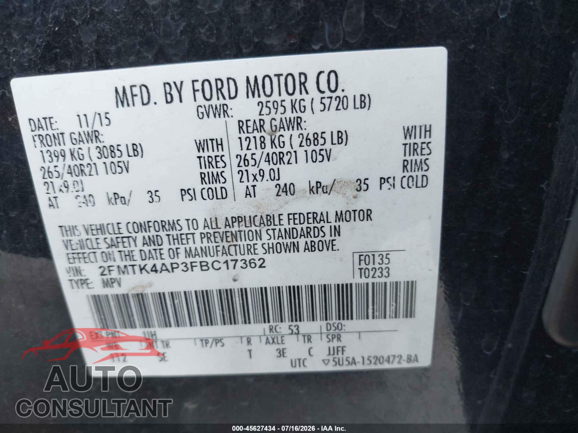 FORD EDGE 2015 - 2FMTK4AP3FBC17362