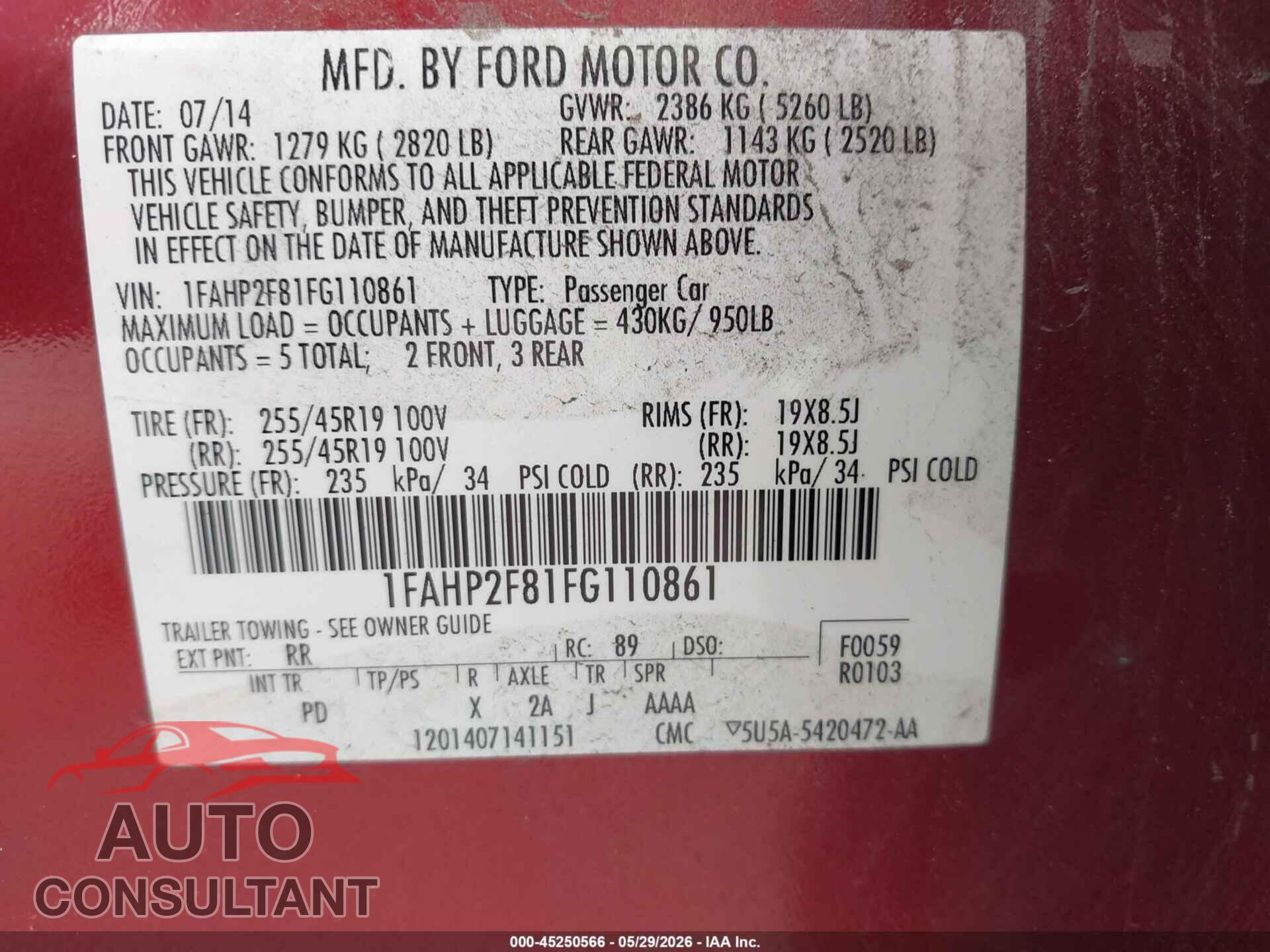 FORD TAURUS 2015 - 1FAHP2F81FG110861
