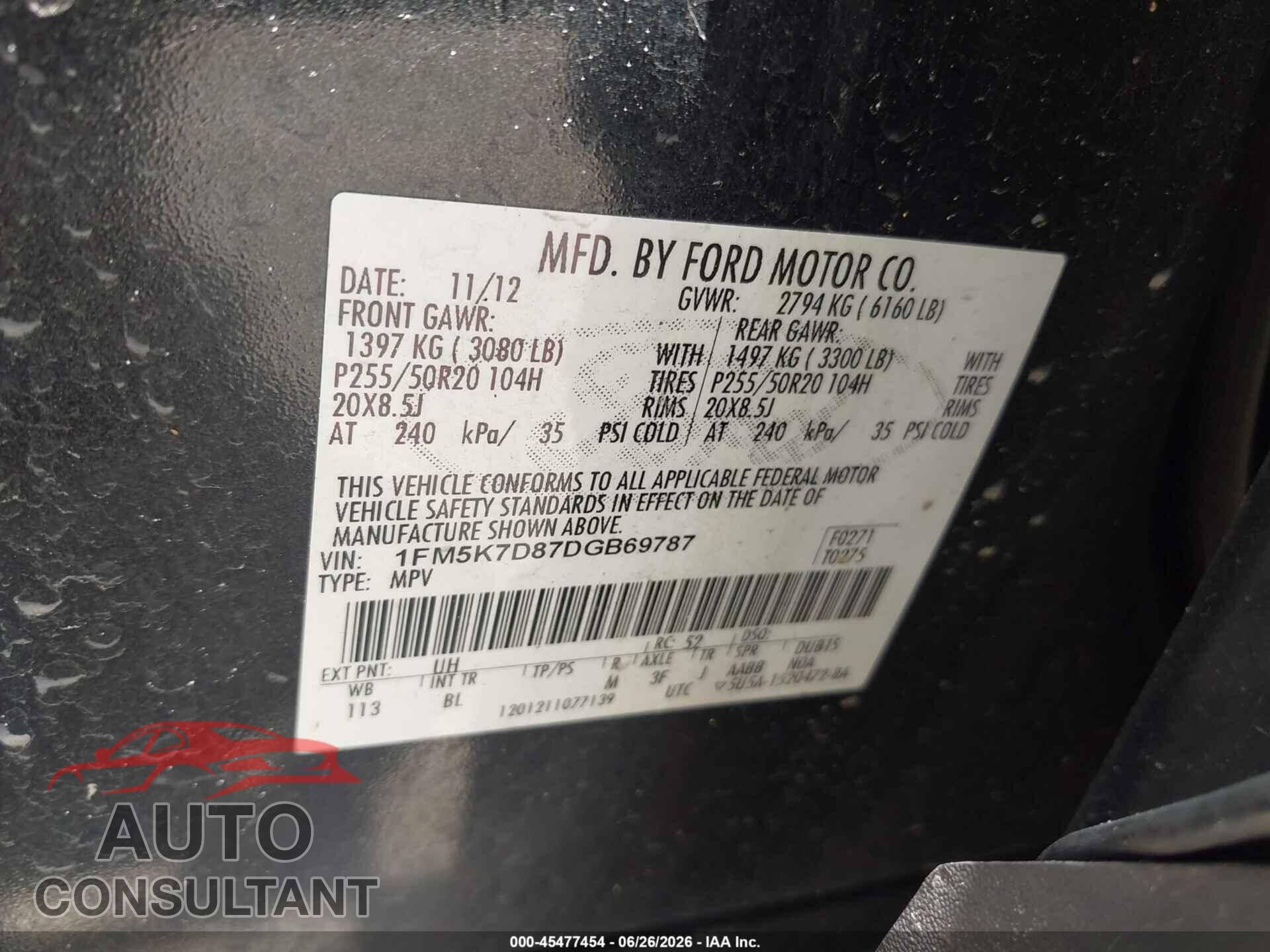 FORD EXPLORER 2013 - 1FM5K7D87DGB69787