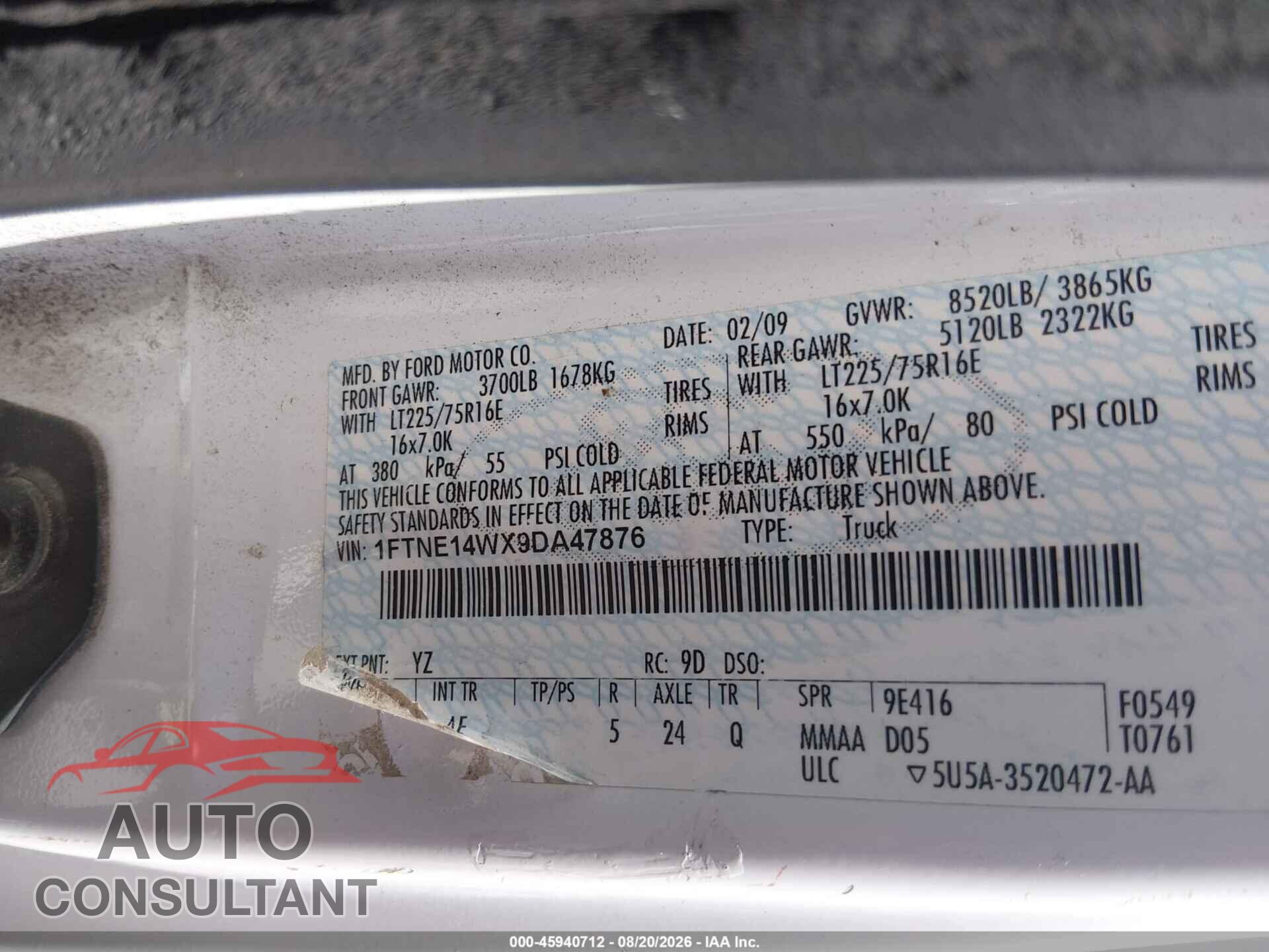 FORD E-150 2009 - 1FTNE14WX9DA47876