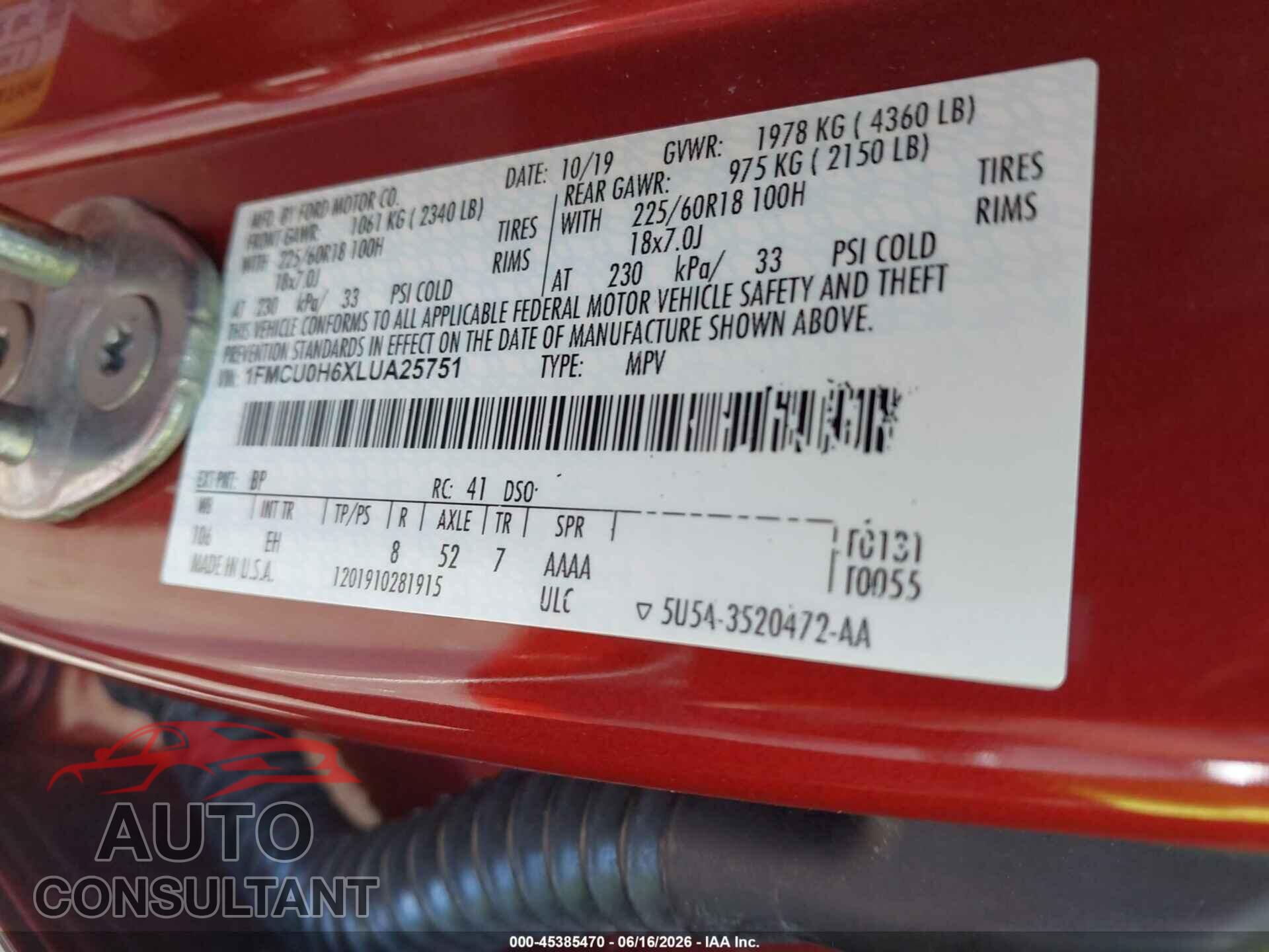 FORD ESCAPE 2020 - 1FMCU0H6XLUA25751