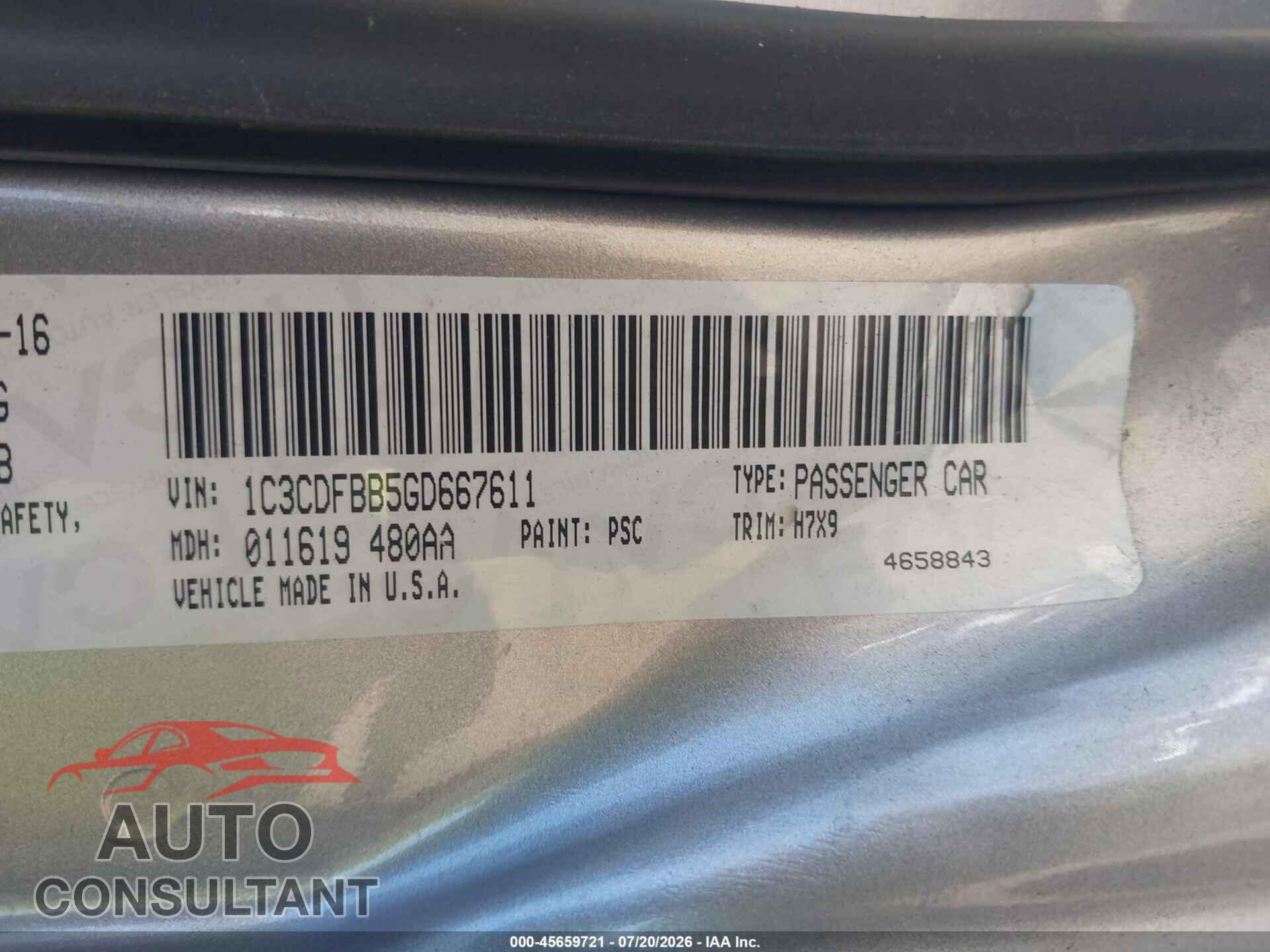 DODGE DART 2016 - 1C3CDFBB5GD667611