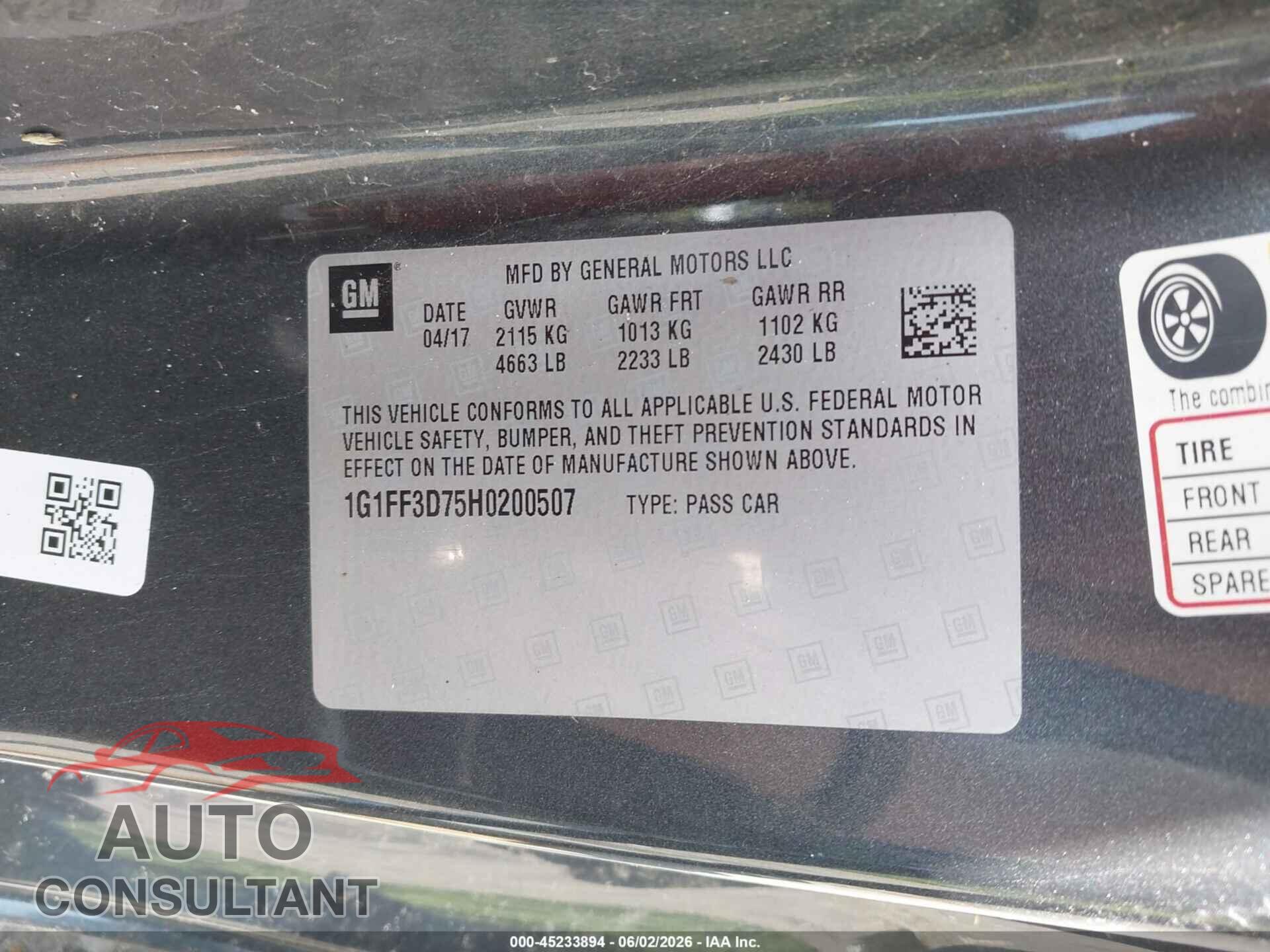 CHEVROLET CAMARO 2017 - 1G1FF3D75H0200507
