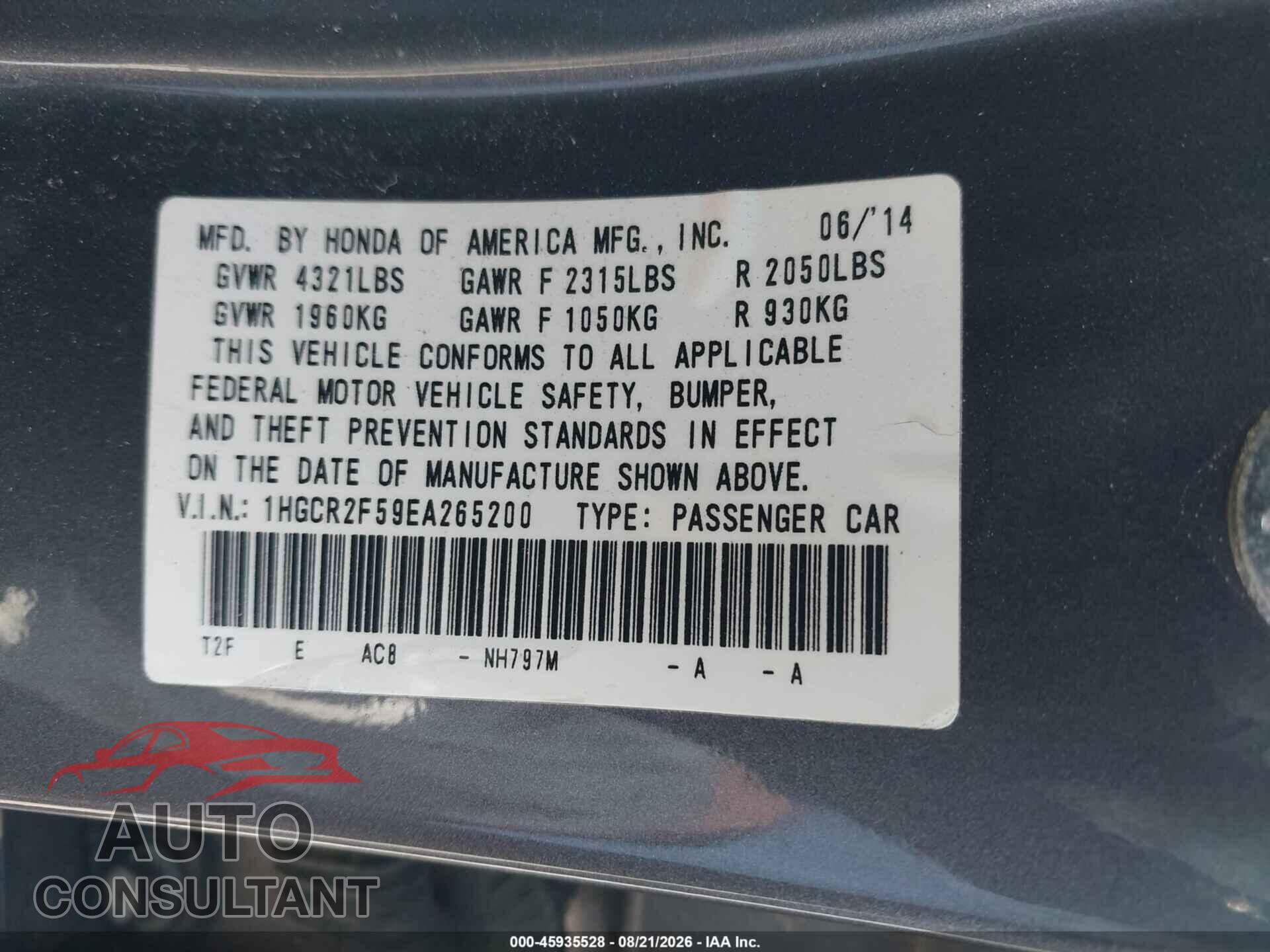 HONDA ACCORD 2014 - 1HGCR2F59EA265200