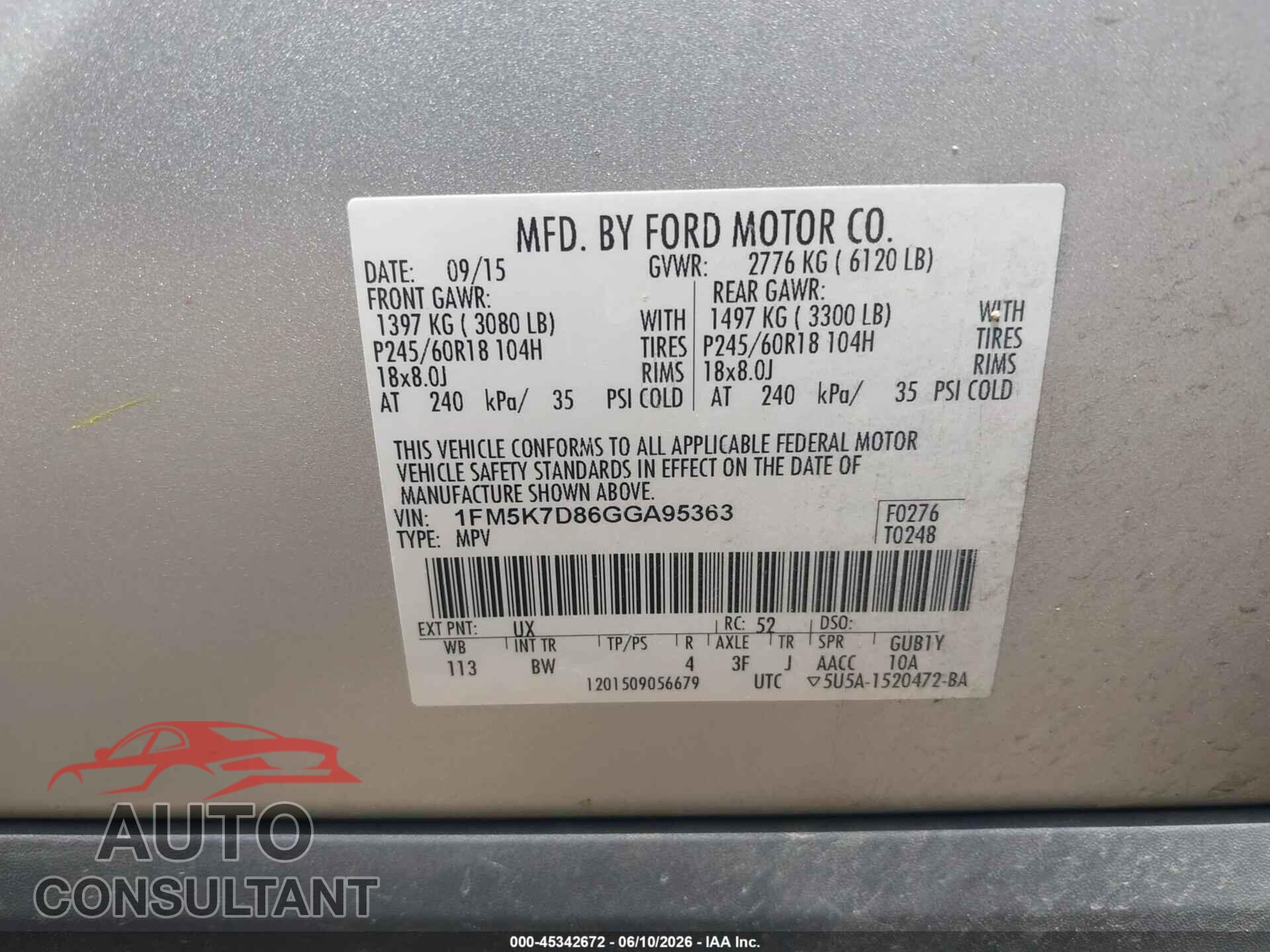 FORD EXPLORER 2016 - 1FM5K7D86GGA95363
