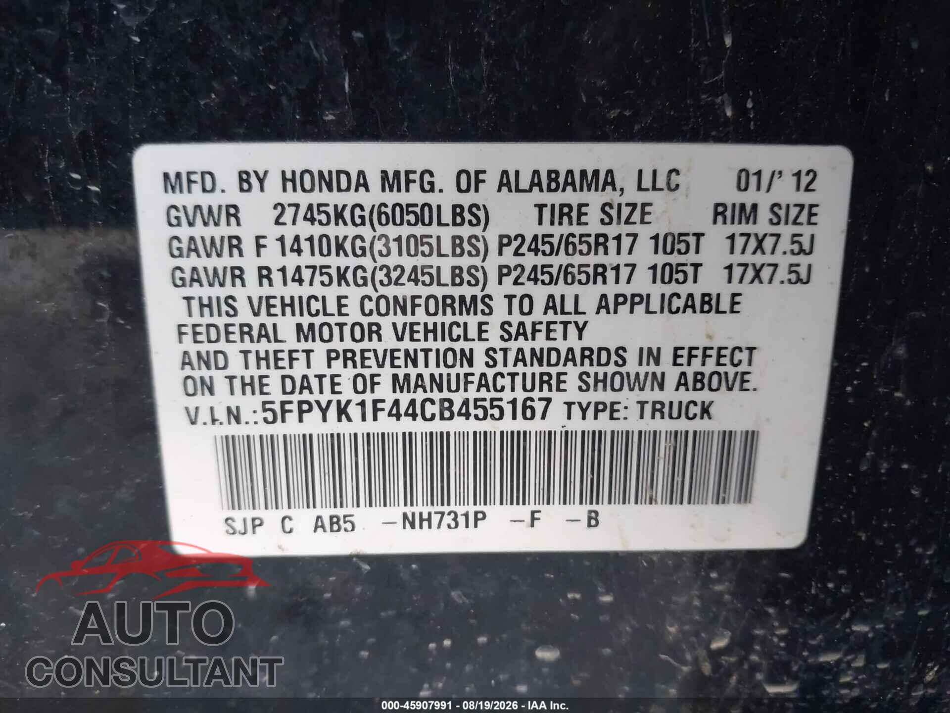 HONDA RIDGELINE 2012 - 5FPYK1F44CB455167