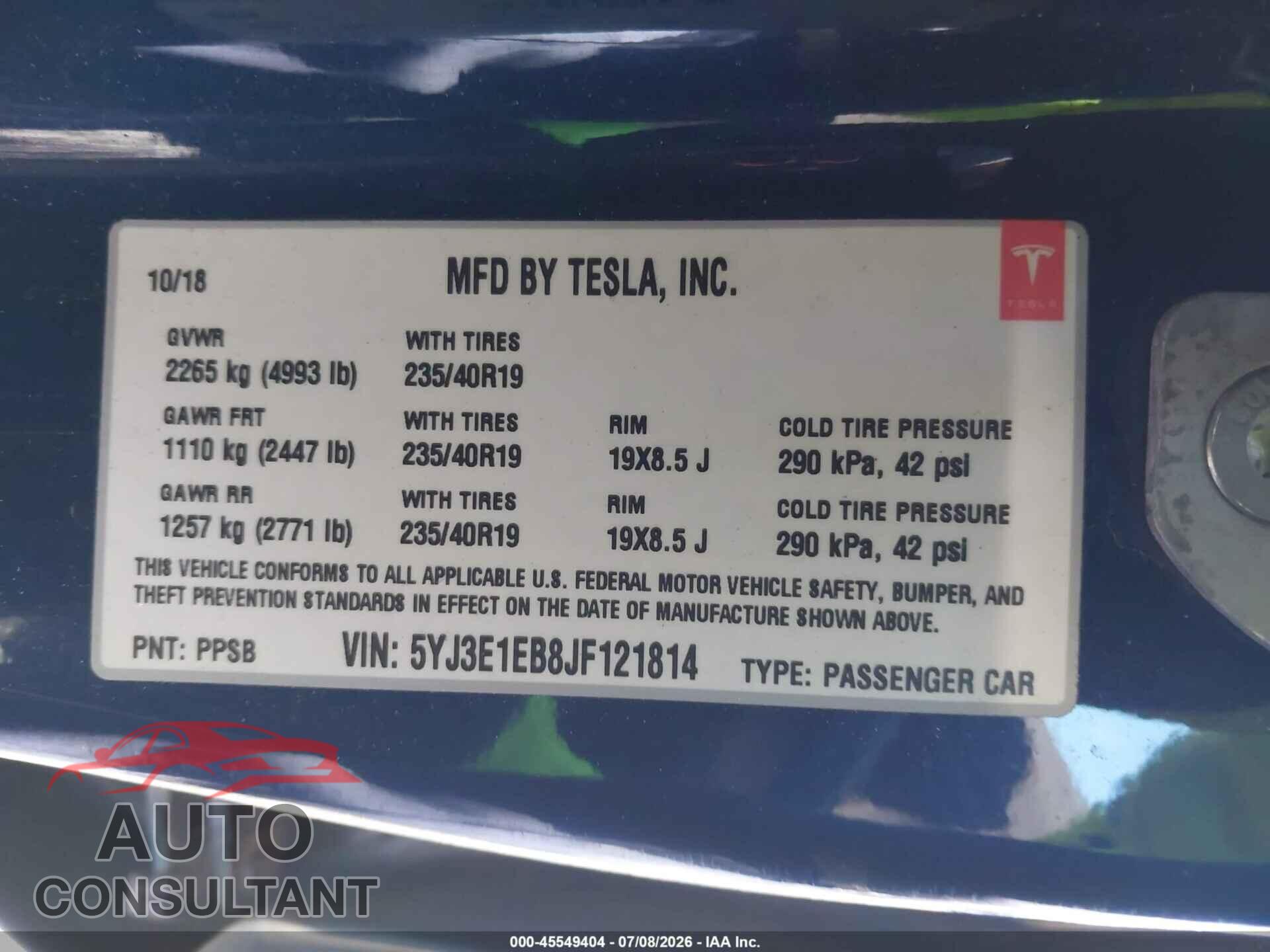 TESLA MODEL 3 2018 - 5YJ3E1EB8JF121814