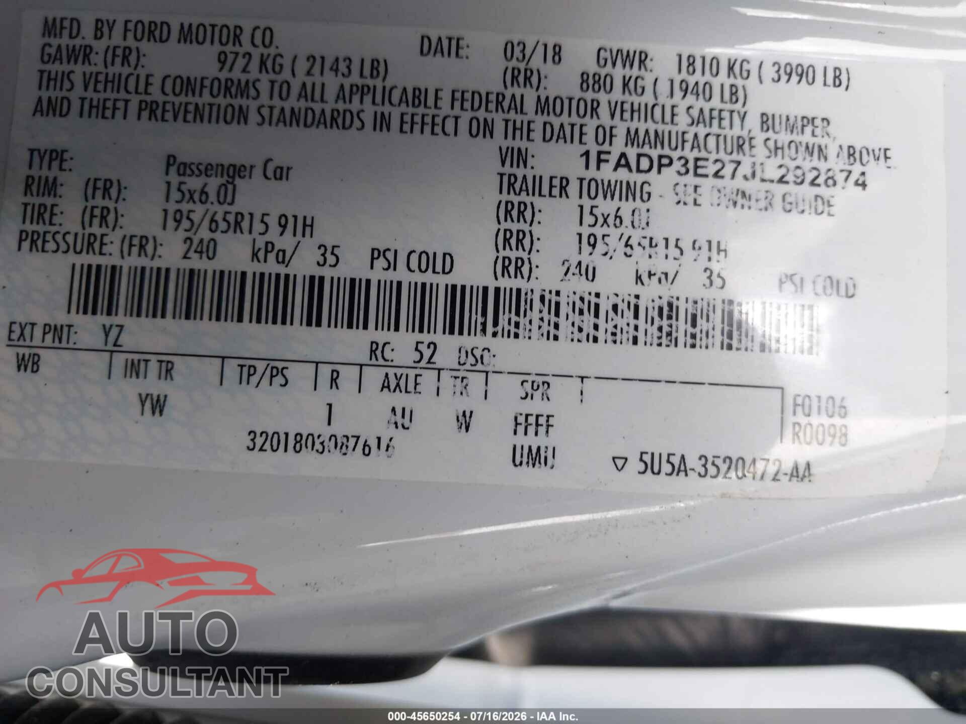 FORD FOCUS 2018 - 1FADP3E27JL292874