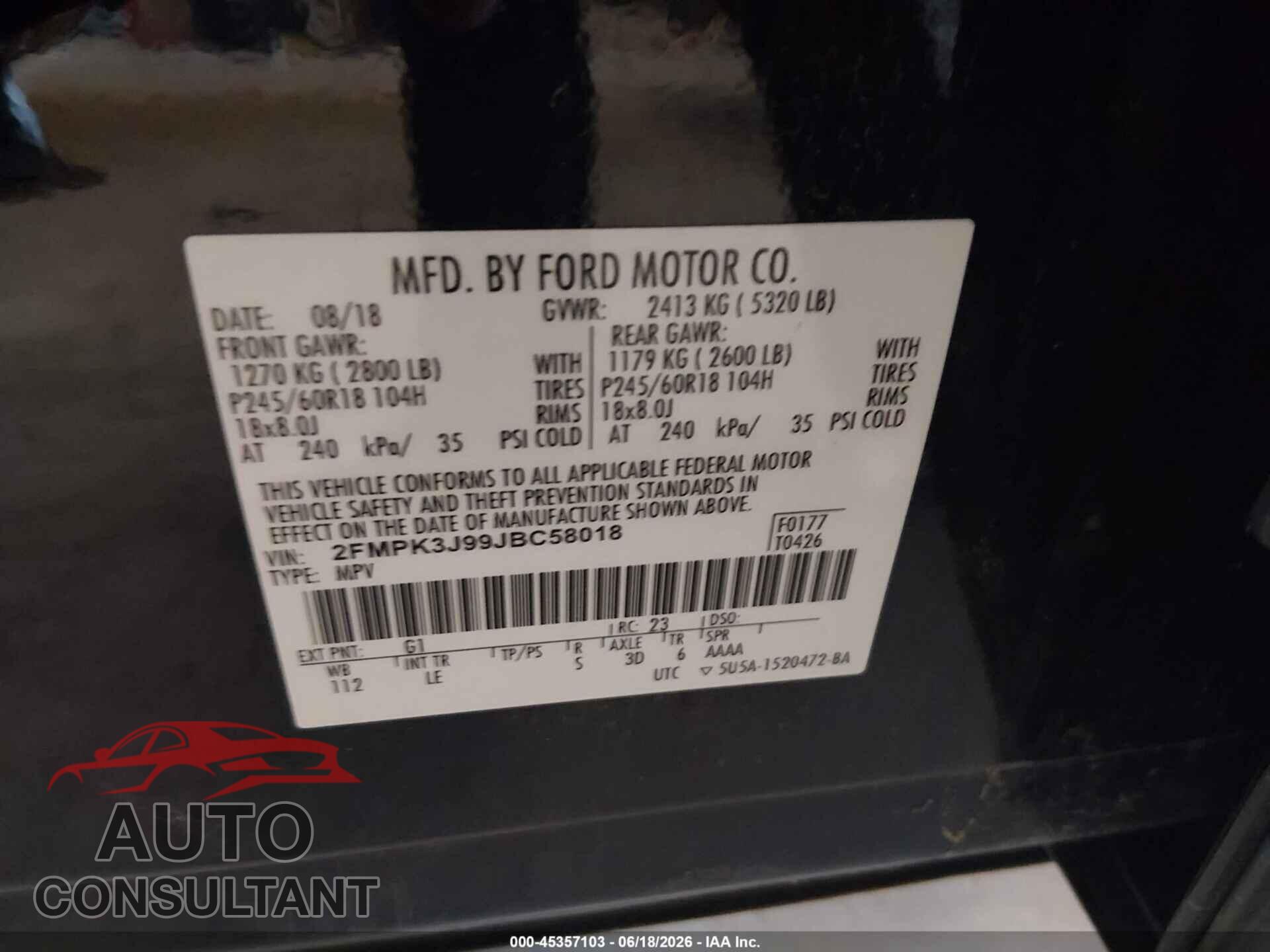 FORD EDGE 2018 - 2FMPK3J99JBC58018