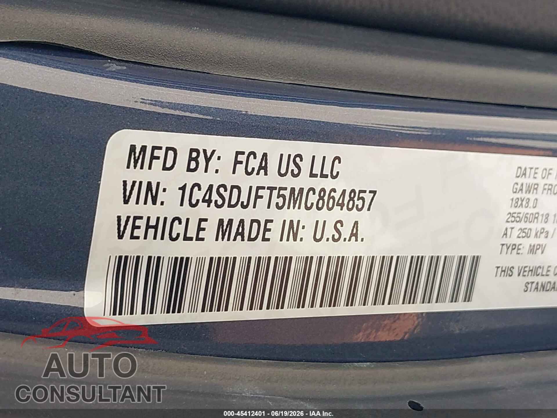 DODGE DURANGO 2021 - 1C4SDJFT5MC864857