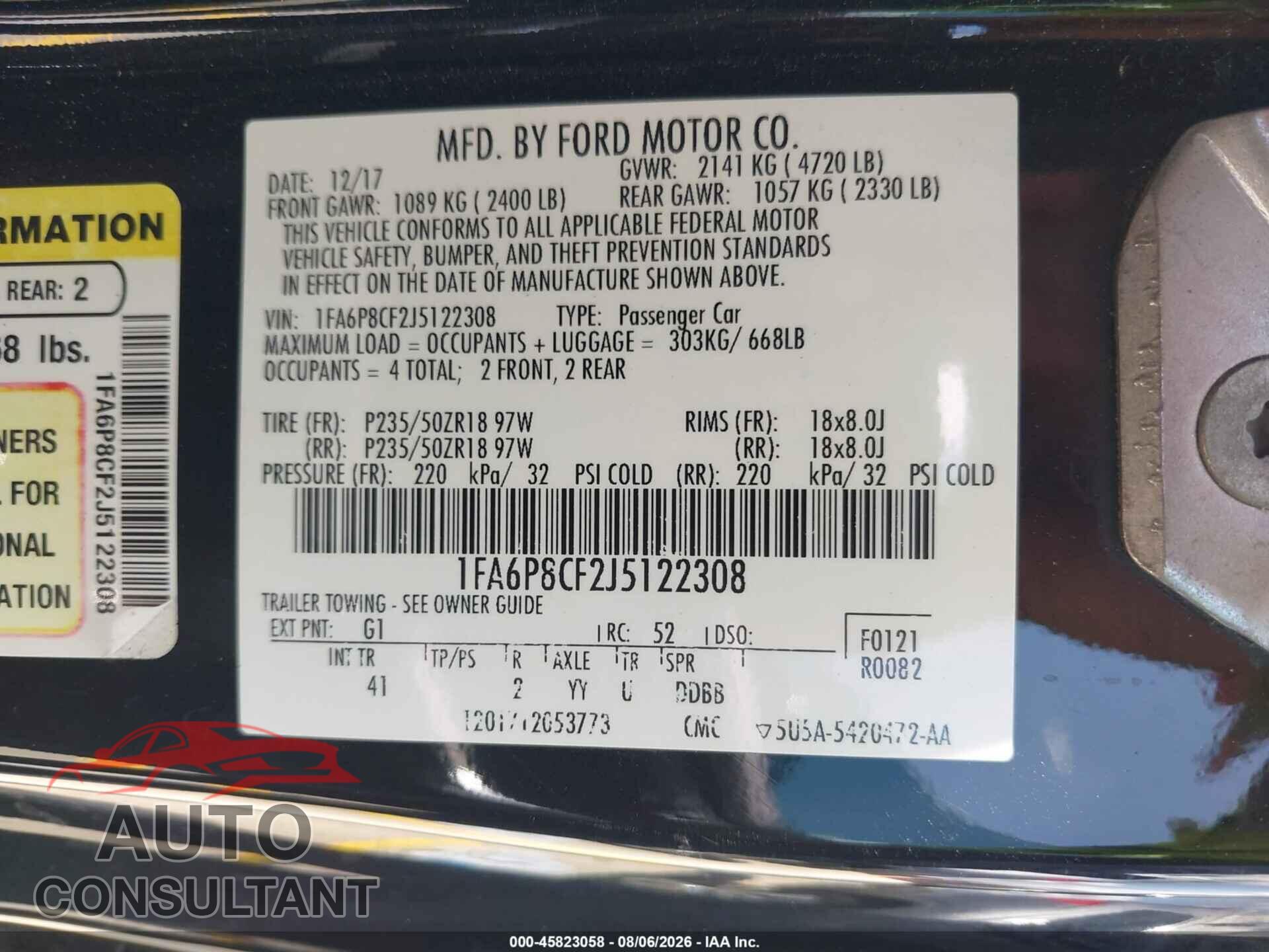 FORD MUSTANG 2018 - 1FA6P8CF2J5122308