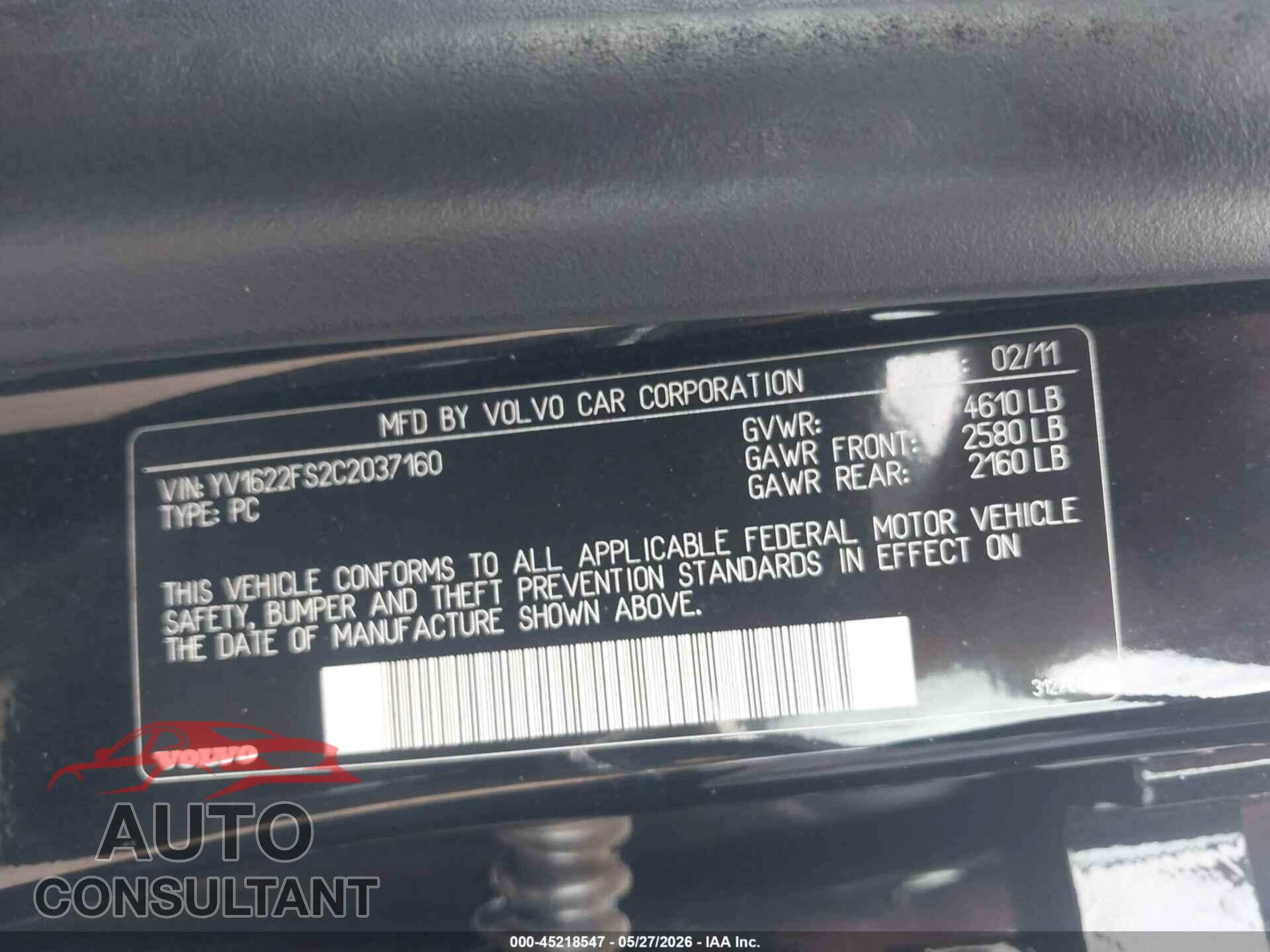 VOLVO S60 2012 - YV1622FS2C2037160
