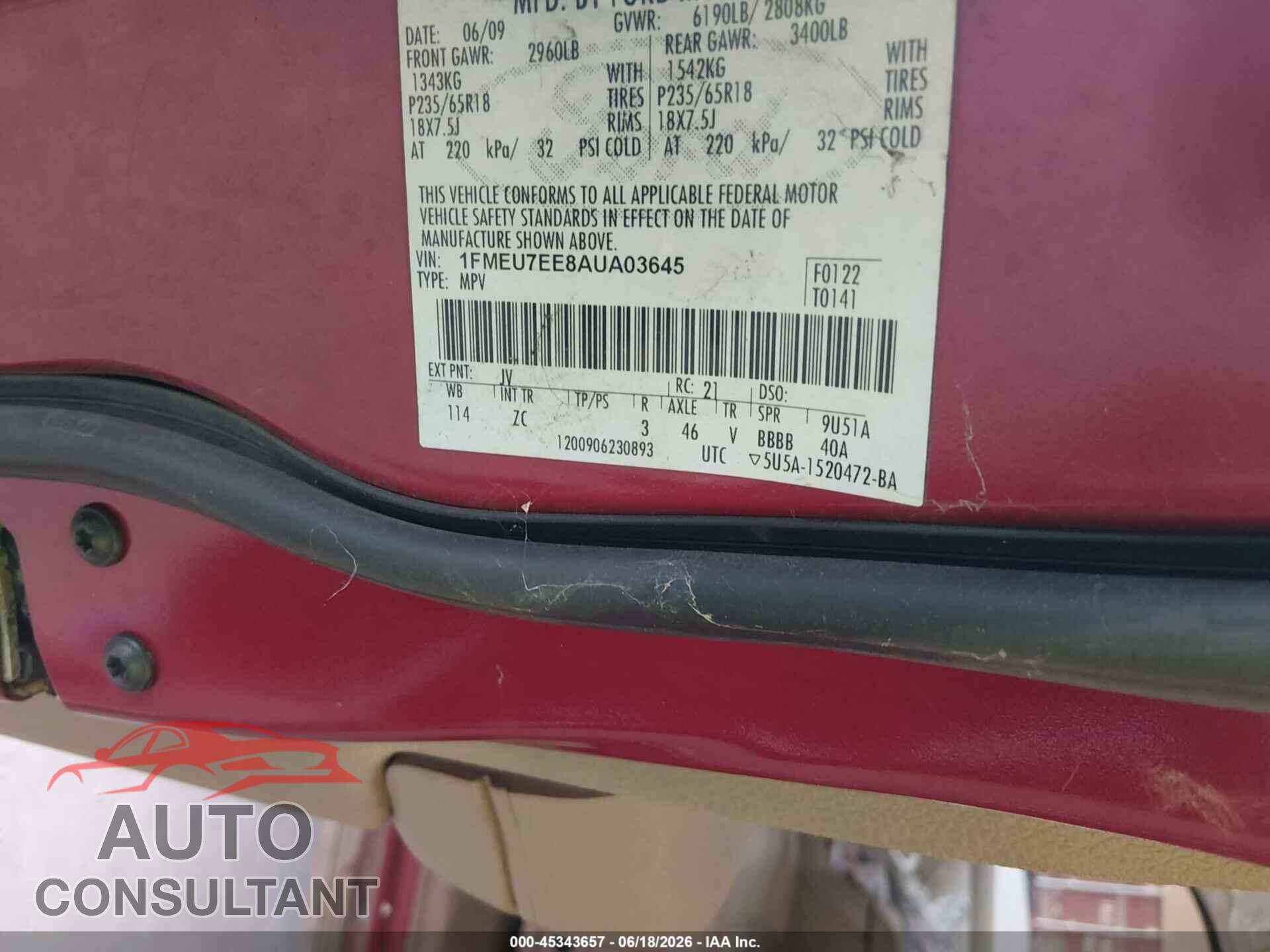 FORD EXPLORER 2010 - 1FMEU7EE8AUA03645