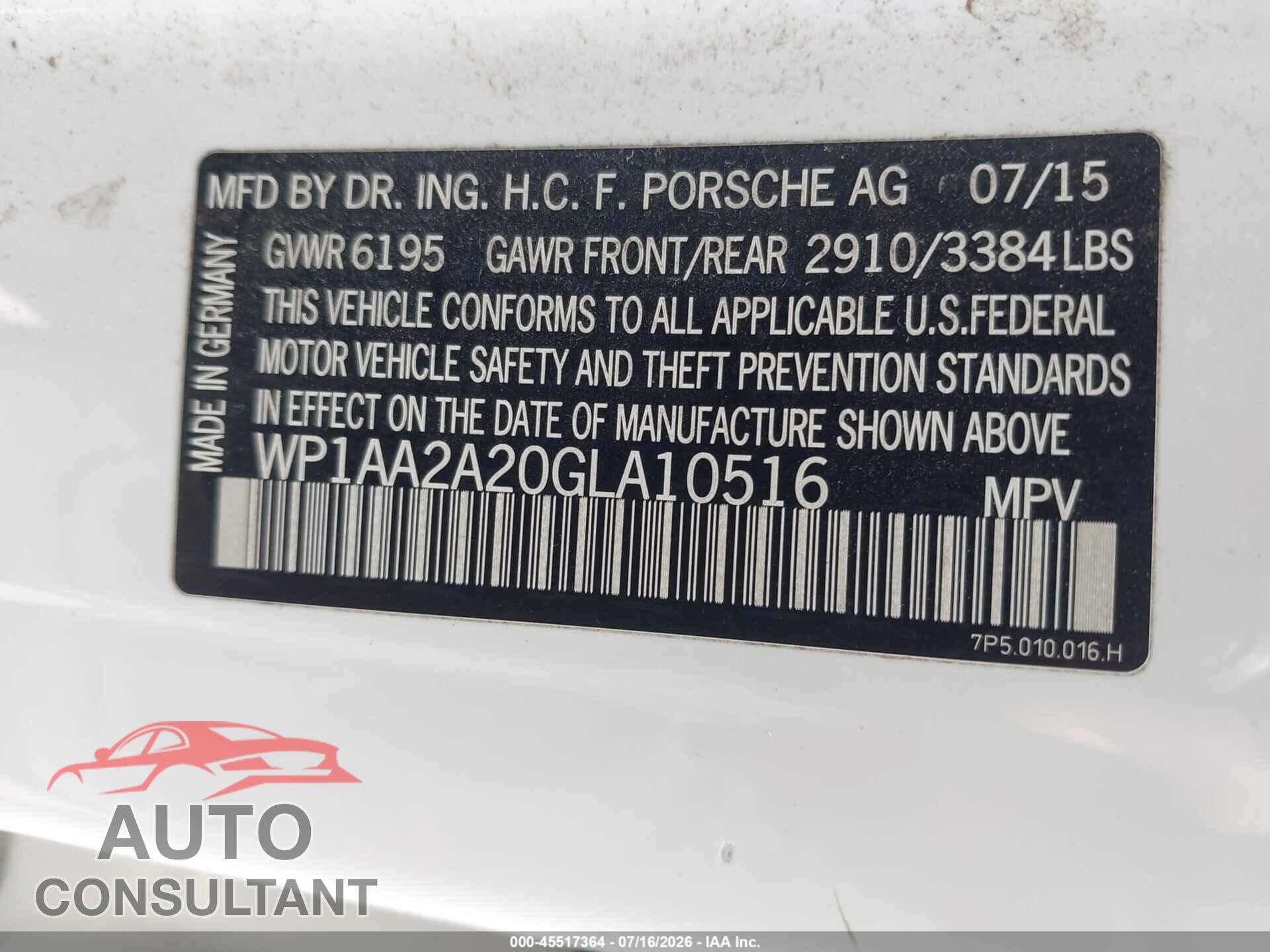 PORSCHE CAYENNE 2016 - WP1AA2A20GLA10516