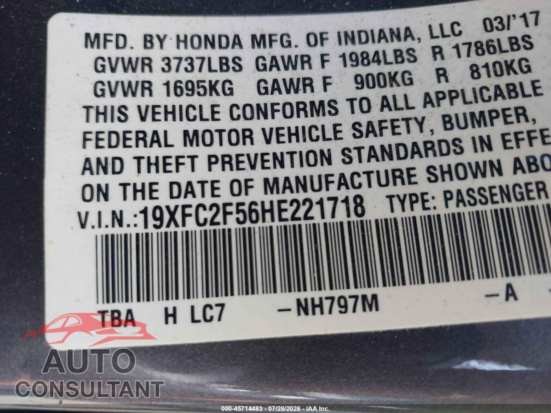 HONDA CIVIC 2017 - 19XFC2F56HE221718