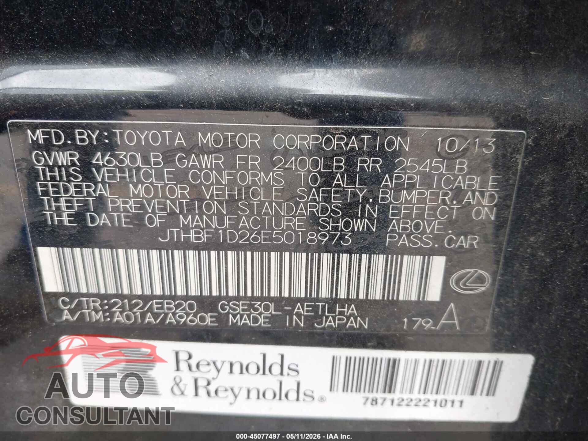 LEXUS IS 250 2014 - JTHBF1D26E5018973