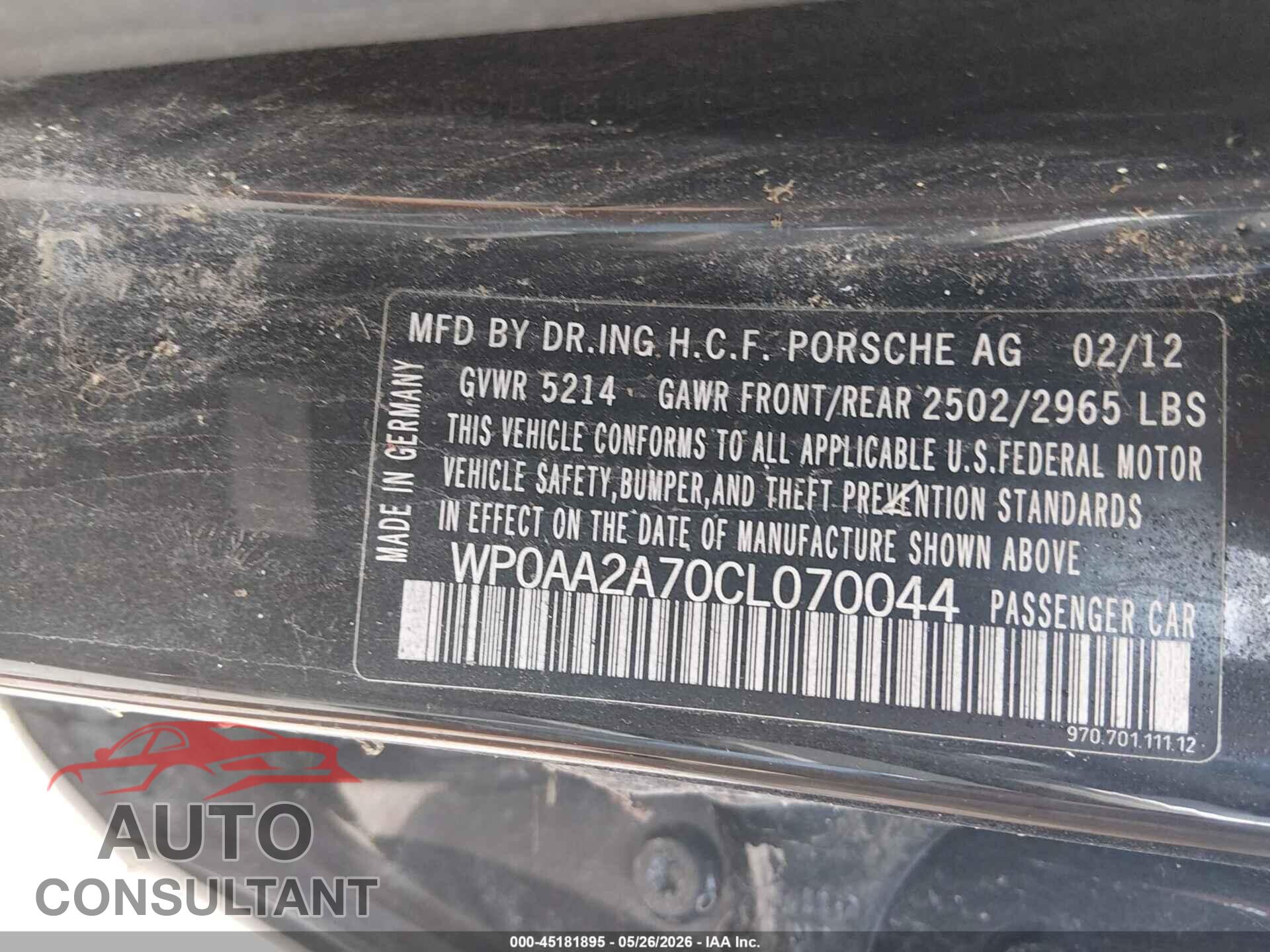 PORSCHE PANAMERA 2012 - WP0AA2A70CL070044