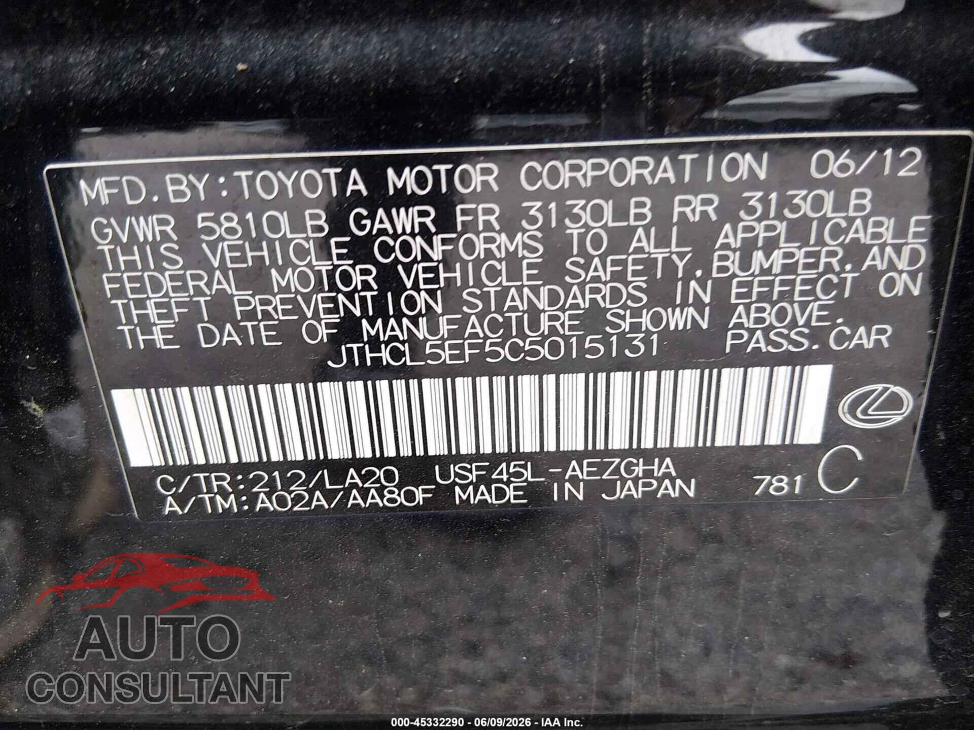 LEXUS LS 460 2012 - JTHCL5EF5C5015131