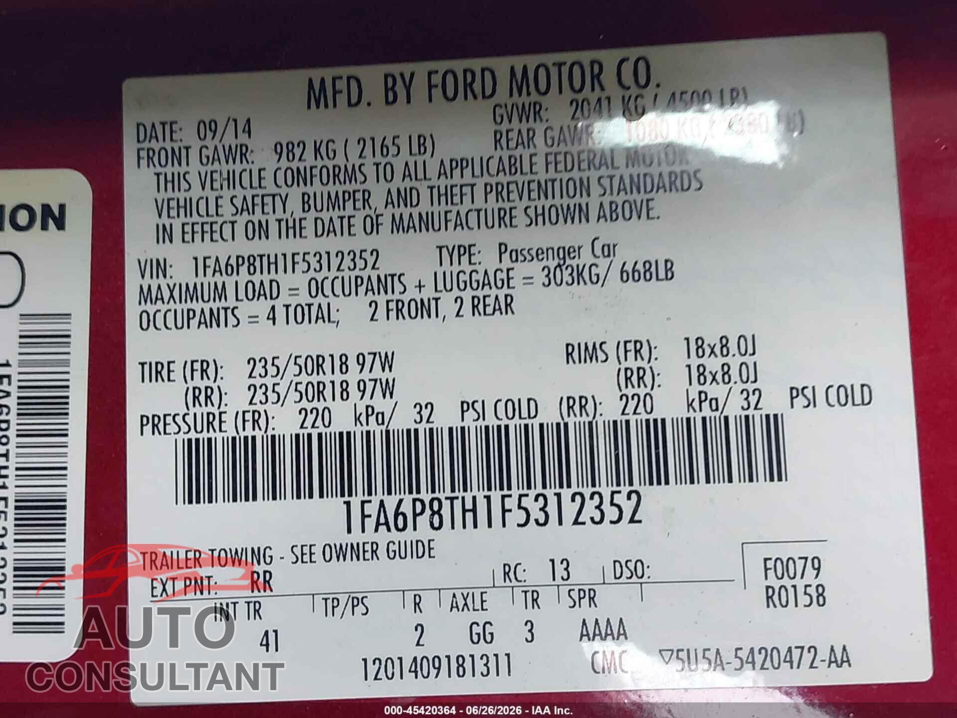FORD MUSTANG 2015 - 1FA6P8TH1F5312352
