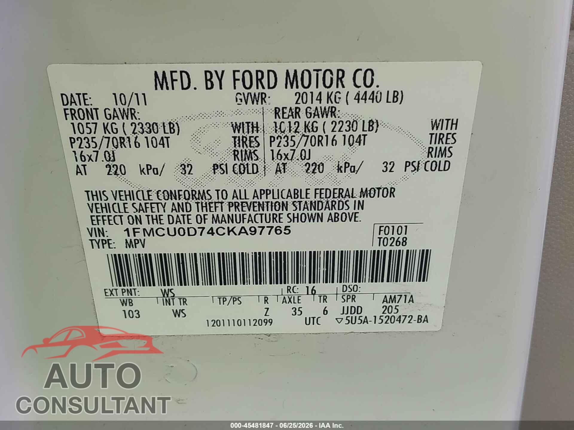 FORD ESCAPE 2012 - 1FMCU0D74CKA97765
