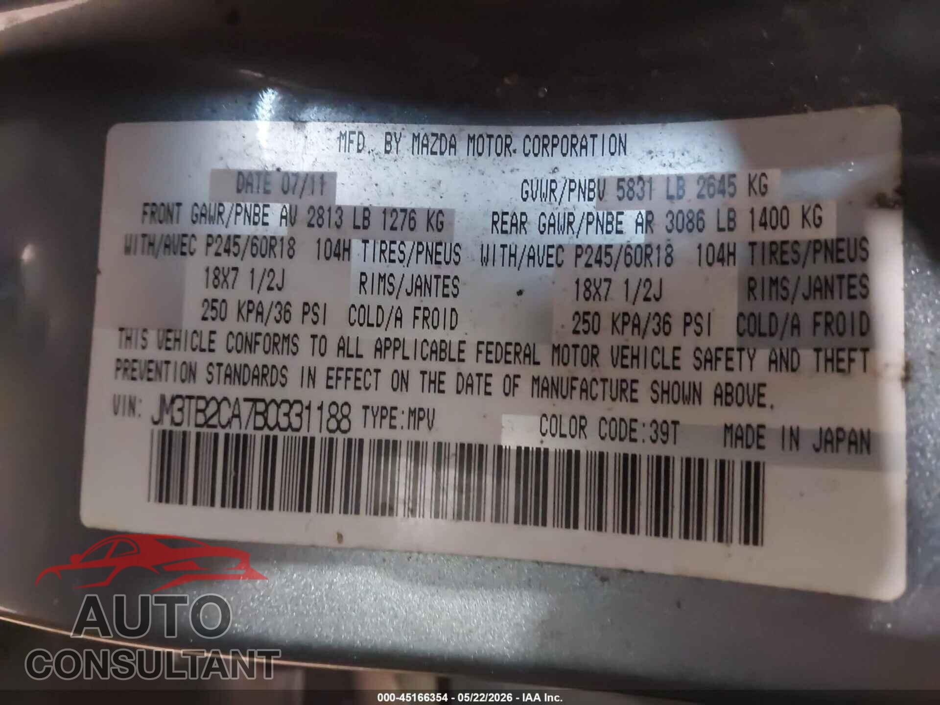 MAZDA CX-9 2011 - JM3TB2CA7B0331188